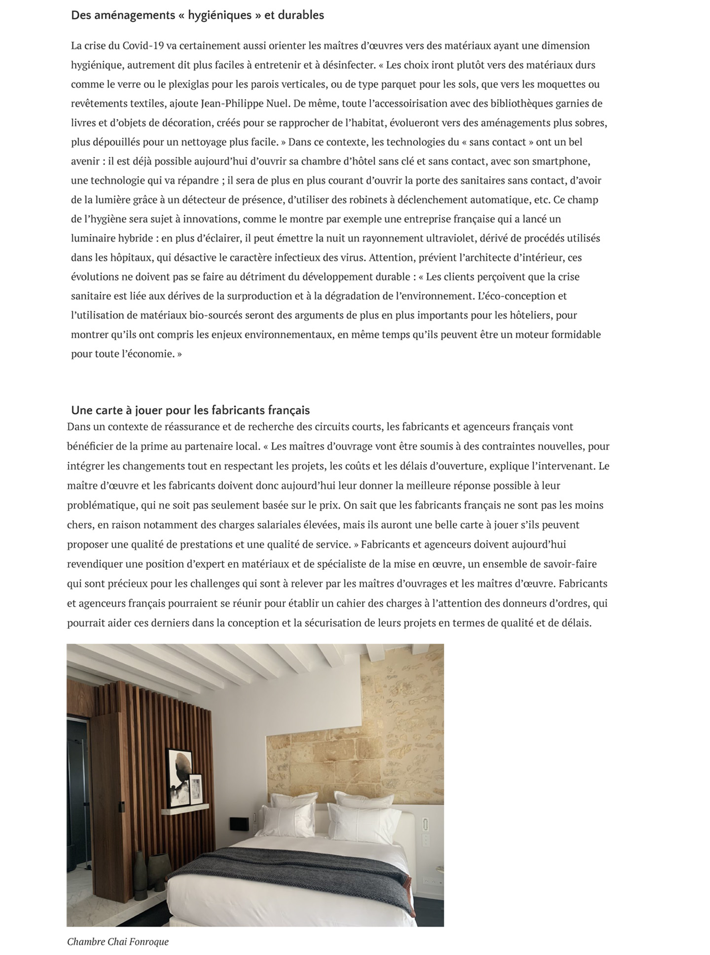 Article on the architect and decorator Jean-Philippe Nuel and his vision of the hotel world after covid in the magazine Archicree