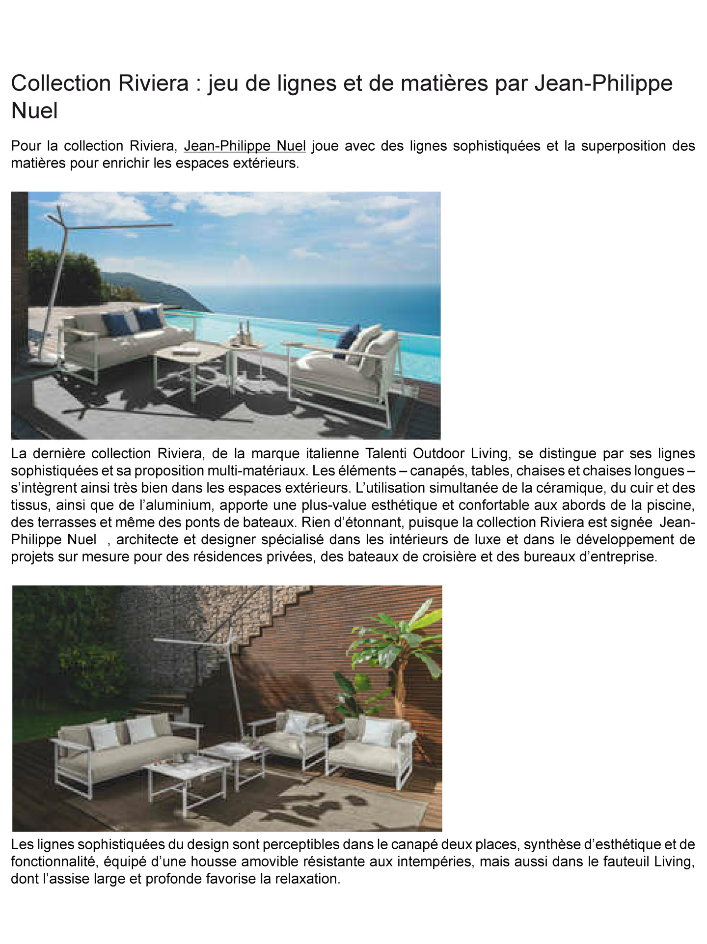 article sur la gamme de fauteuils et bed extérieurs Riviera dans le magazine architectures cree, designée en collaboration entre talenti outdoor living et le studio d'architecture d'intérieur jean-philippe nuel