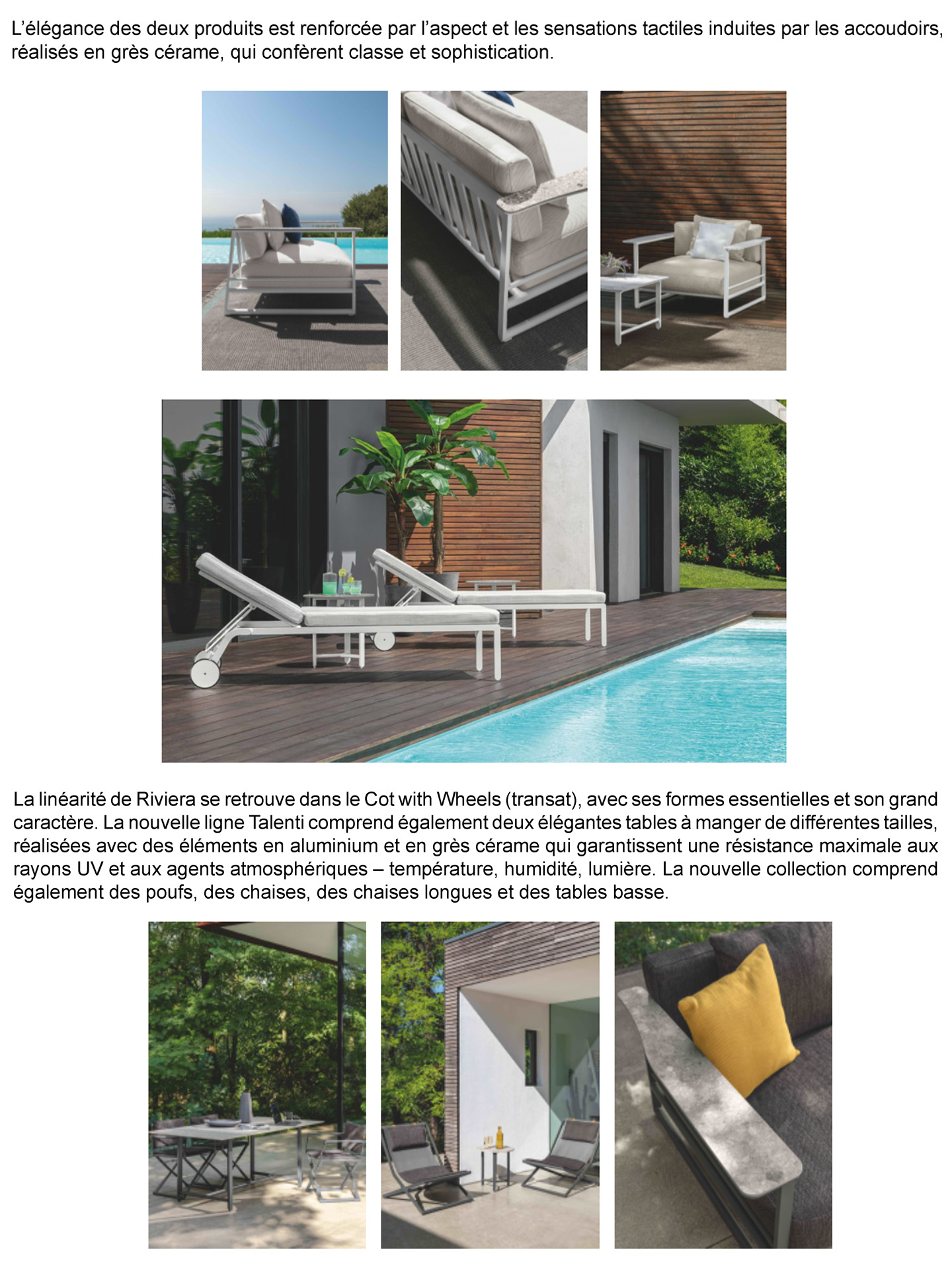 article on the Riviera range of outdoor chairs and beds in architectures cree magazine, designed in collaboration between talenti outdoor living and the interior design studio jean-philippe nuel