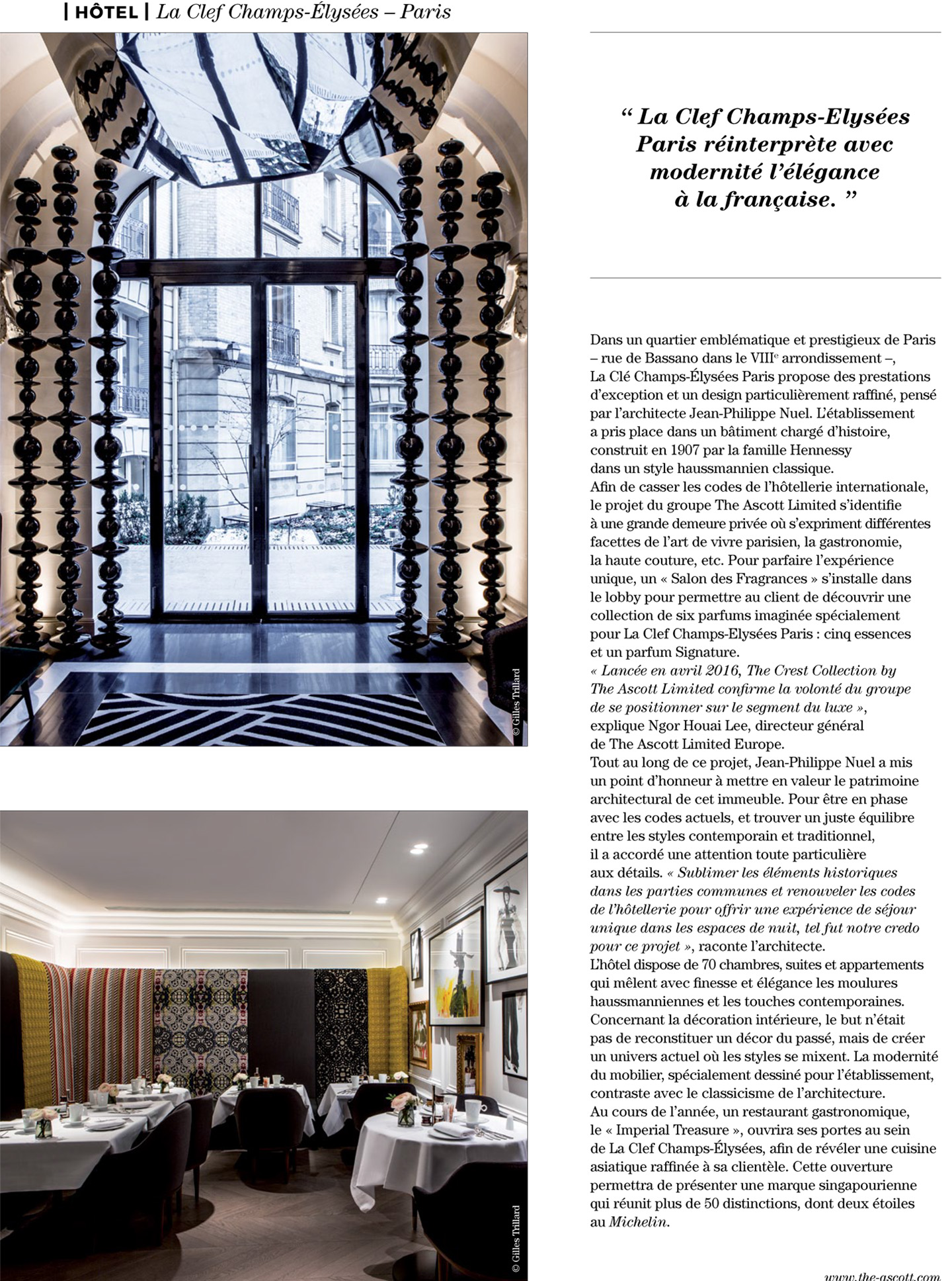 article on the 5 star parisian hotel La clef champs-elysées paris designed by the interior design studio jean-philippe nuel