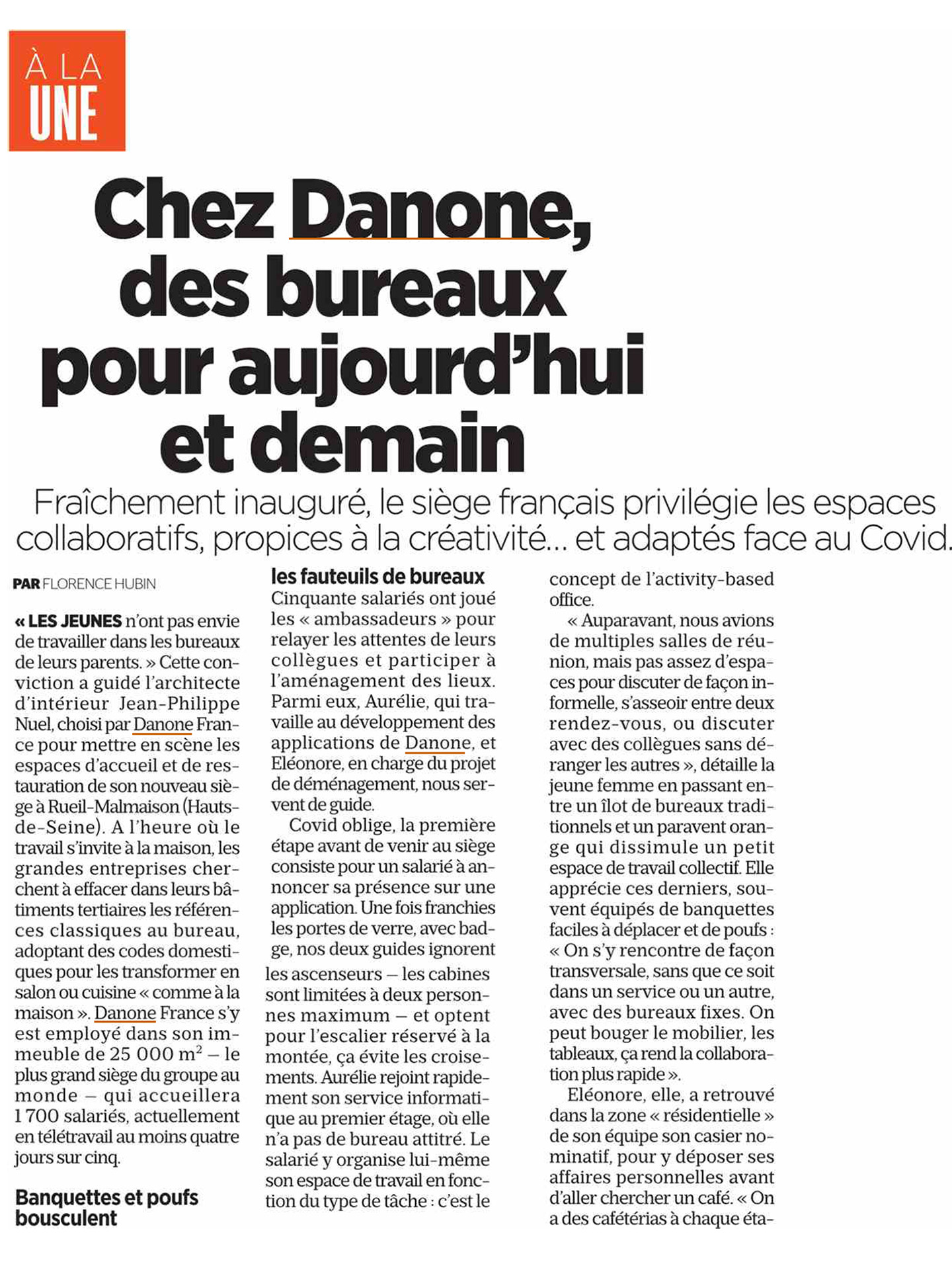 Article of the magazine aujourd'hui en france about the studio jean-philippe nuel on the project danone convergence, tertiary interior architecture, interior design, headquarters