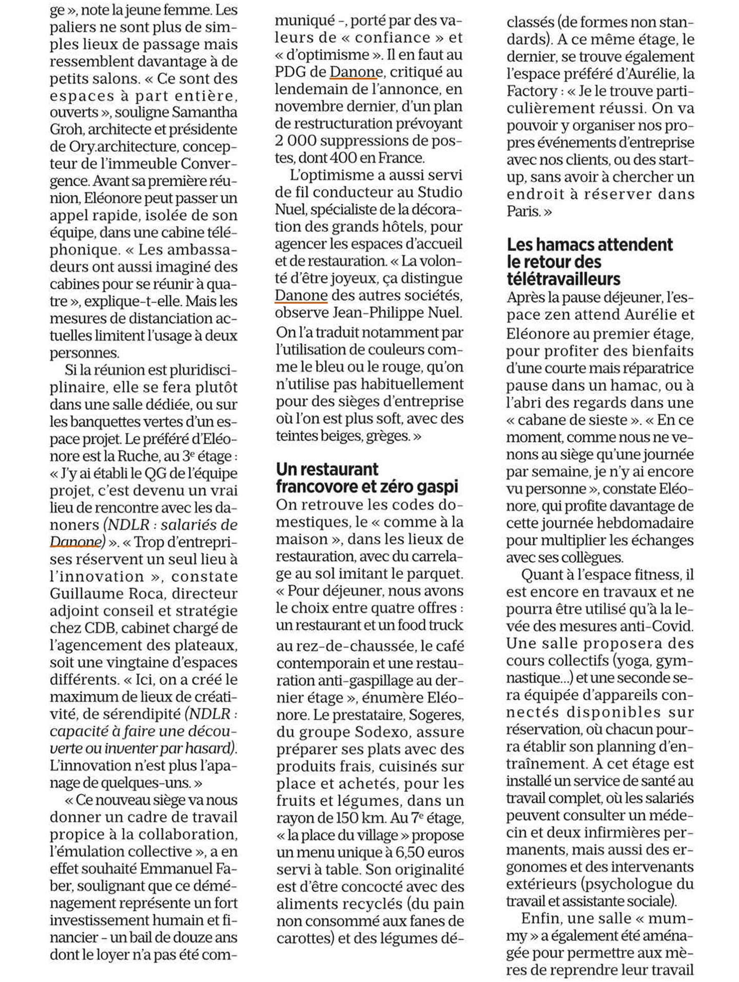 Article du magazine aujourd'hui en france sur le studio jean-philippe nuel sur le projet danone convergence, architecture d'intérieur tertiaire, décoration d'intérieur, siège social