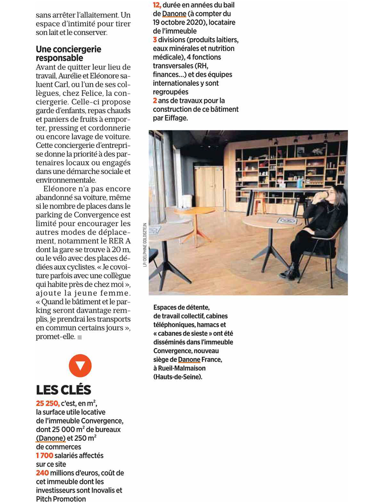 Article of the magazine aujourd'hui en france about the studio jean-philippe nuel on the project danone convergence, tertiary interior architecture, interior design, headquarters