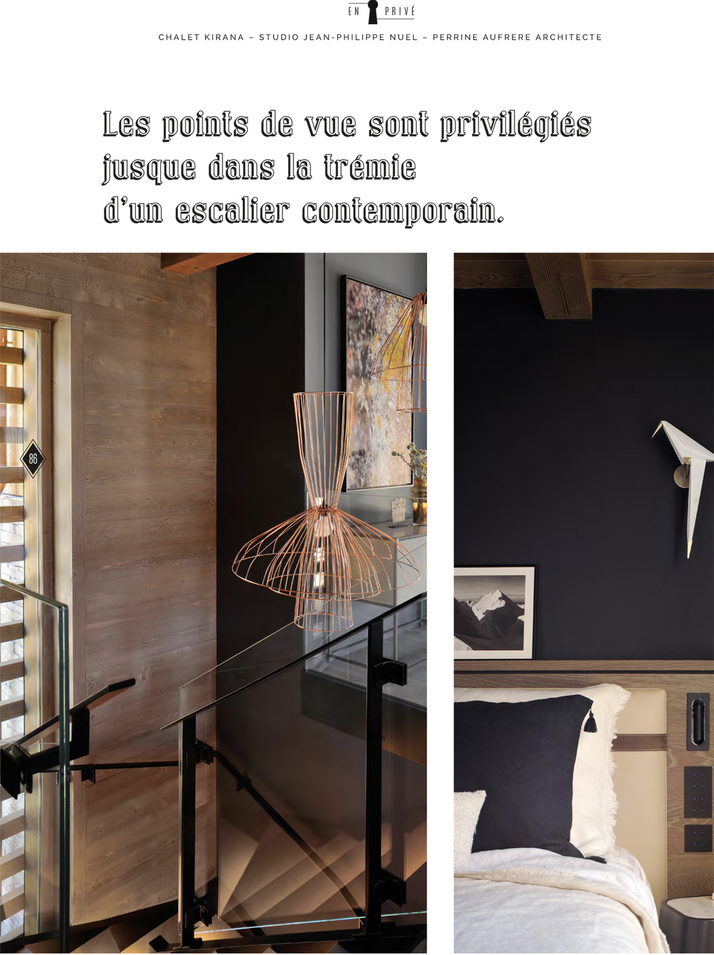 Article on the chalet kirana of meribel realized by the studio jean-philippe nuel in the magazine domodéco, luxury private chalet, interior design, interior decoration, luxury interior, designer