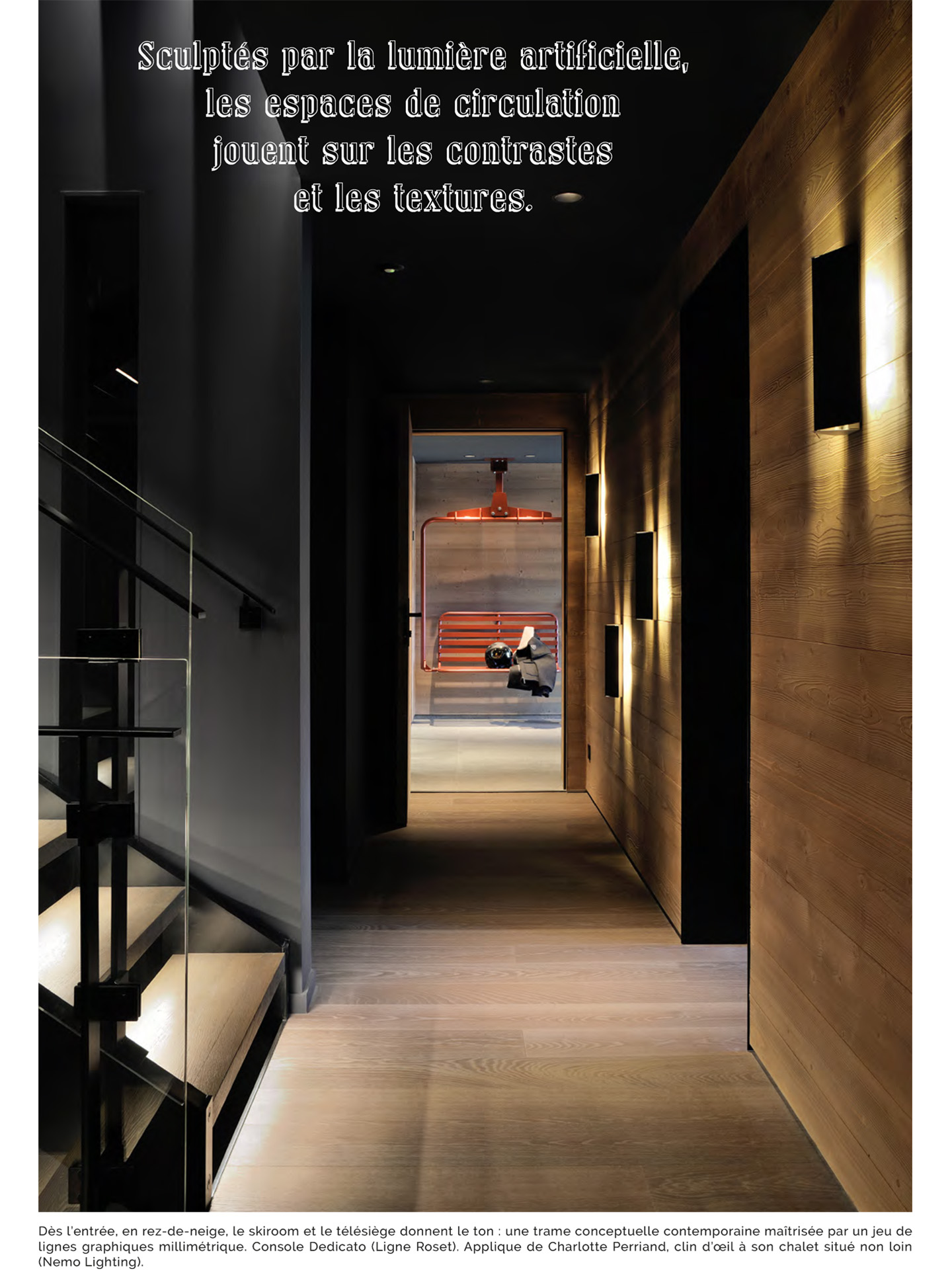 Article on the chalet kirana of meribel realized by the studio jean-philippe nuel in the magazine domodéco, luxury private chalet, interior design, interior decoration, luxury interior, designer