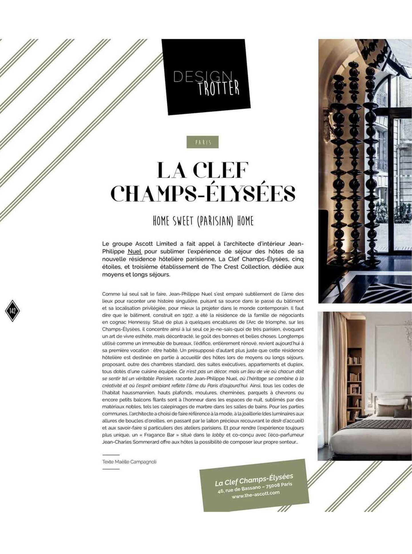 Article sur la clef champs elysées paris réalisé par le studio jean-Philippe Nuel dans le magazine domodéco, nouvel hotel lifestyle, architecture d'intérieur de luxe, paris centre, hotel de luxe français