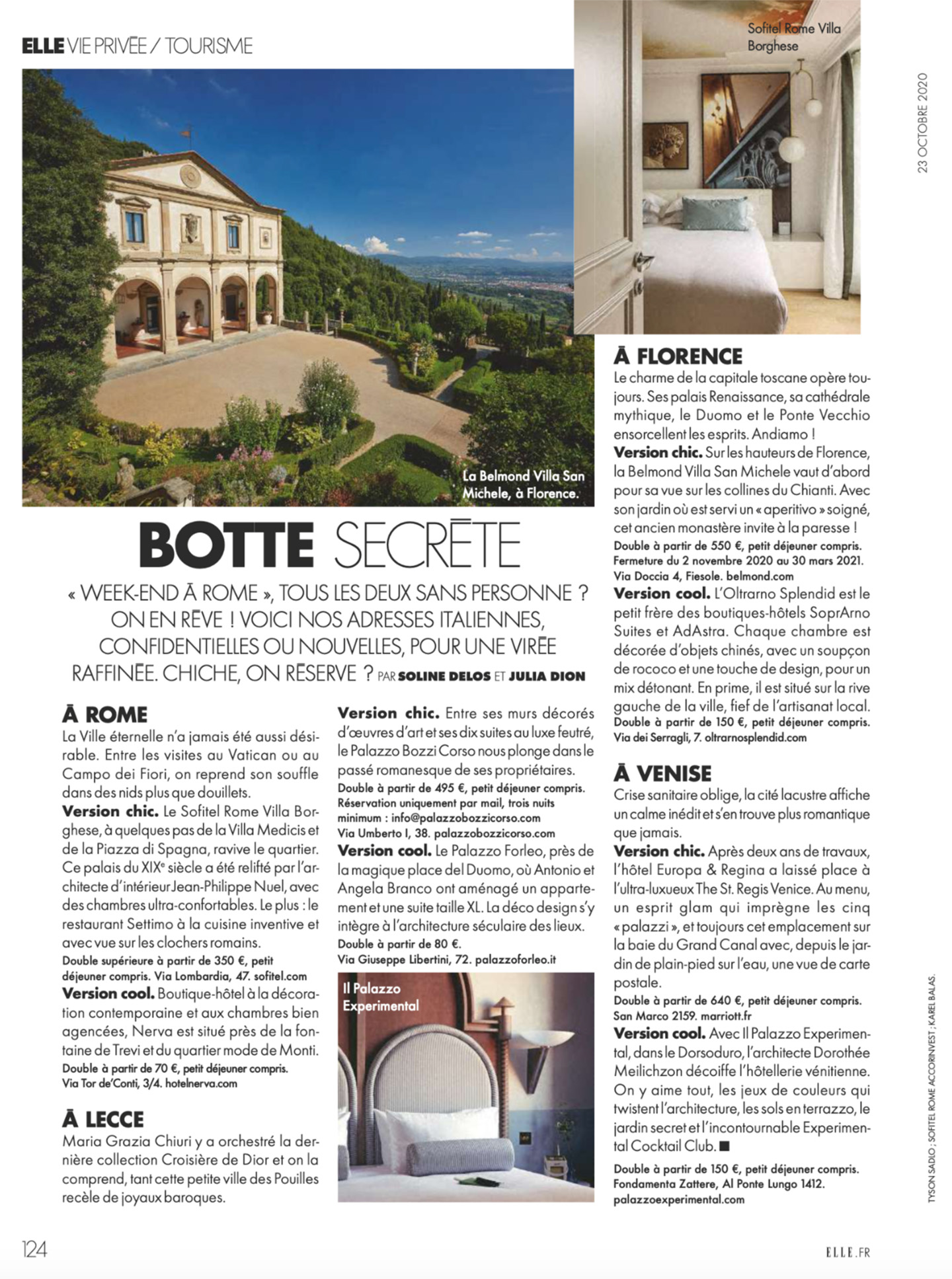 article sur le sofitel rome villa borghese dans le magazine Elle, hotel de luxe en italie designé par le studio d'architecture d'intérieur jean-philippe nuel