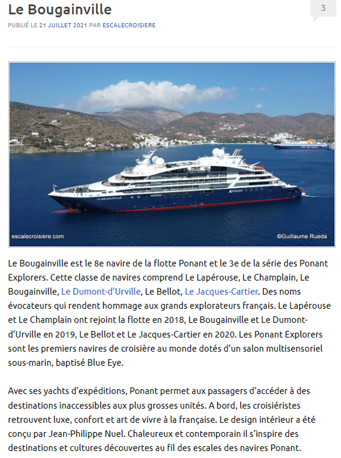 Article on Le Bougainville du Ponant designed by jean-Philippe Nuel studio in the magazine escale croisière, luxury cruise ship, interior design