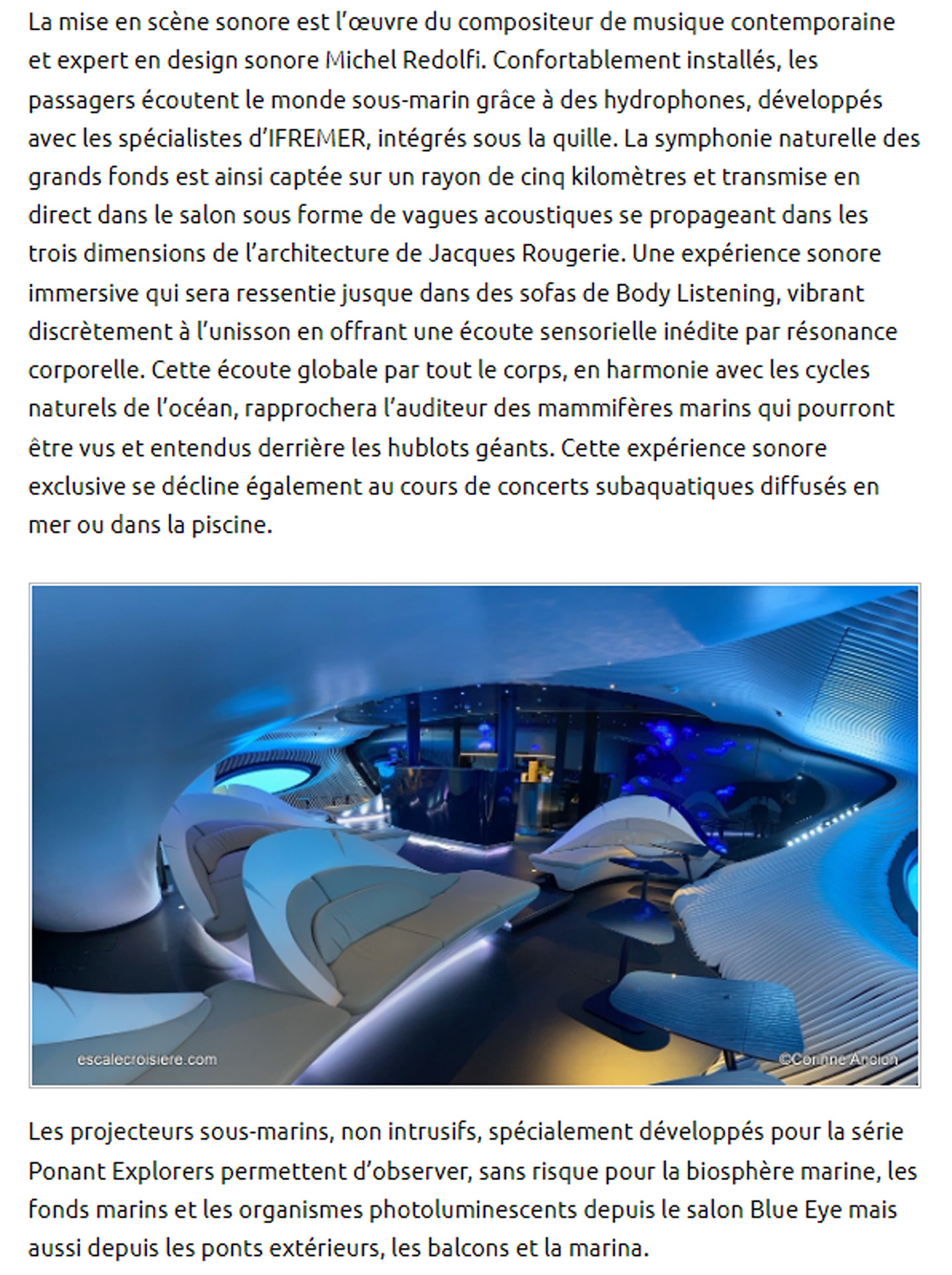 Article on Le Bougainville du Ponant designed by jean-Philippe Nuel studio in the magazine escale croisière, luxury cruise ship, interior design
