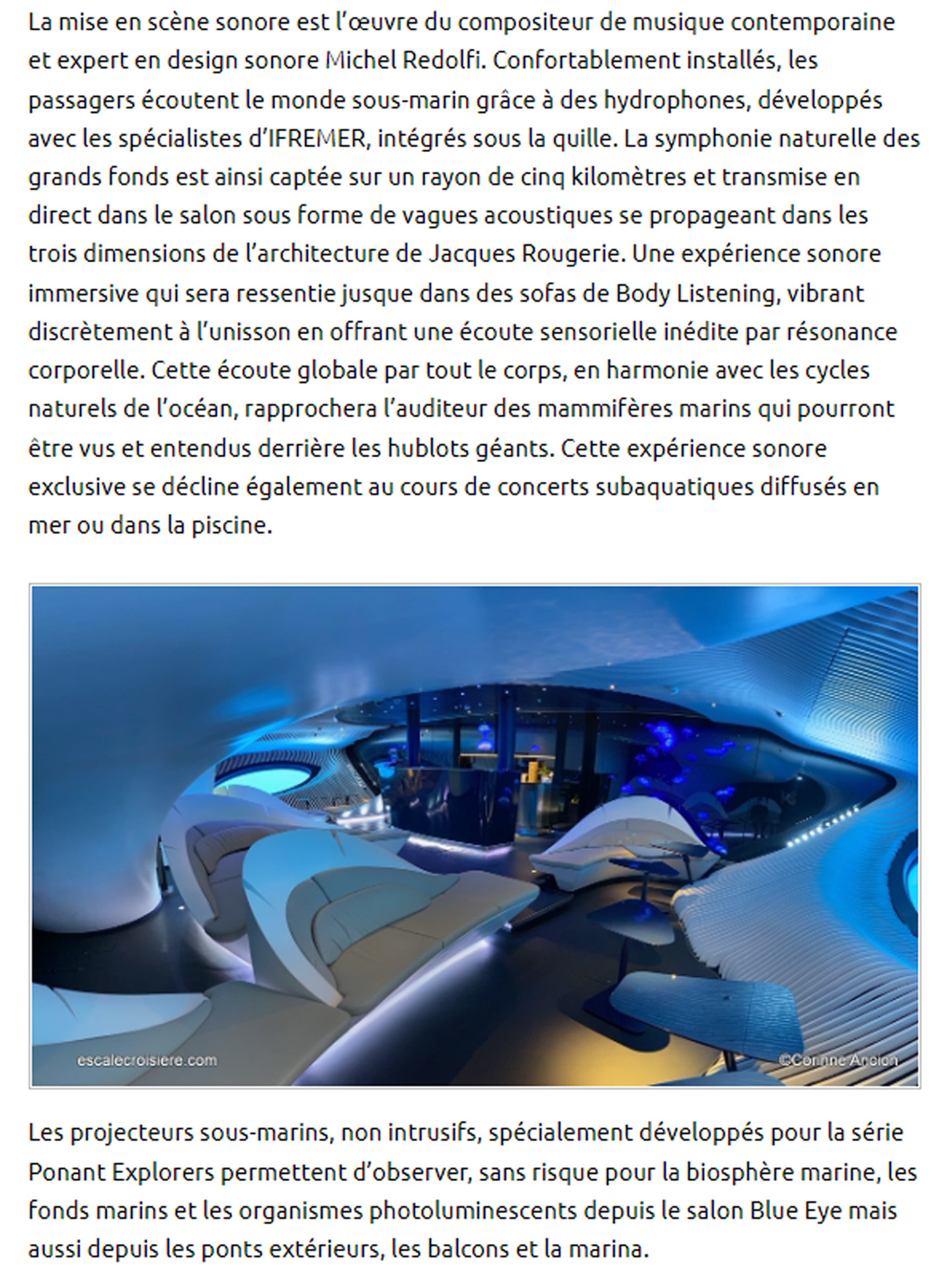 Article sur Le Bougainville du Ponant réalisé par le studio jean-Philippe Nuel dans le magazine escale croisière, bateau de croisière de luxe, architecture d'intérieur