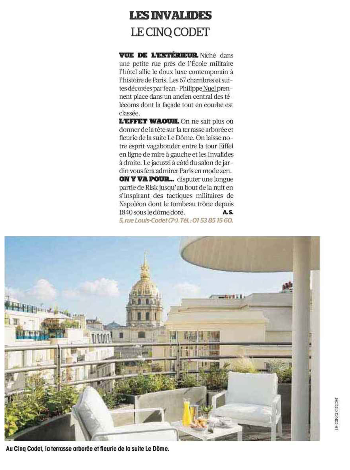 Article sur le cinq codet dans le figaro scope, hotel de luxe de 67 chambres rénovés par l'architecte d'intérieur jean-philippe nuel