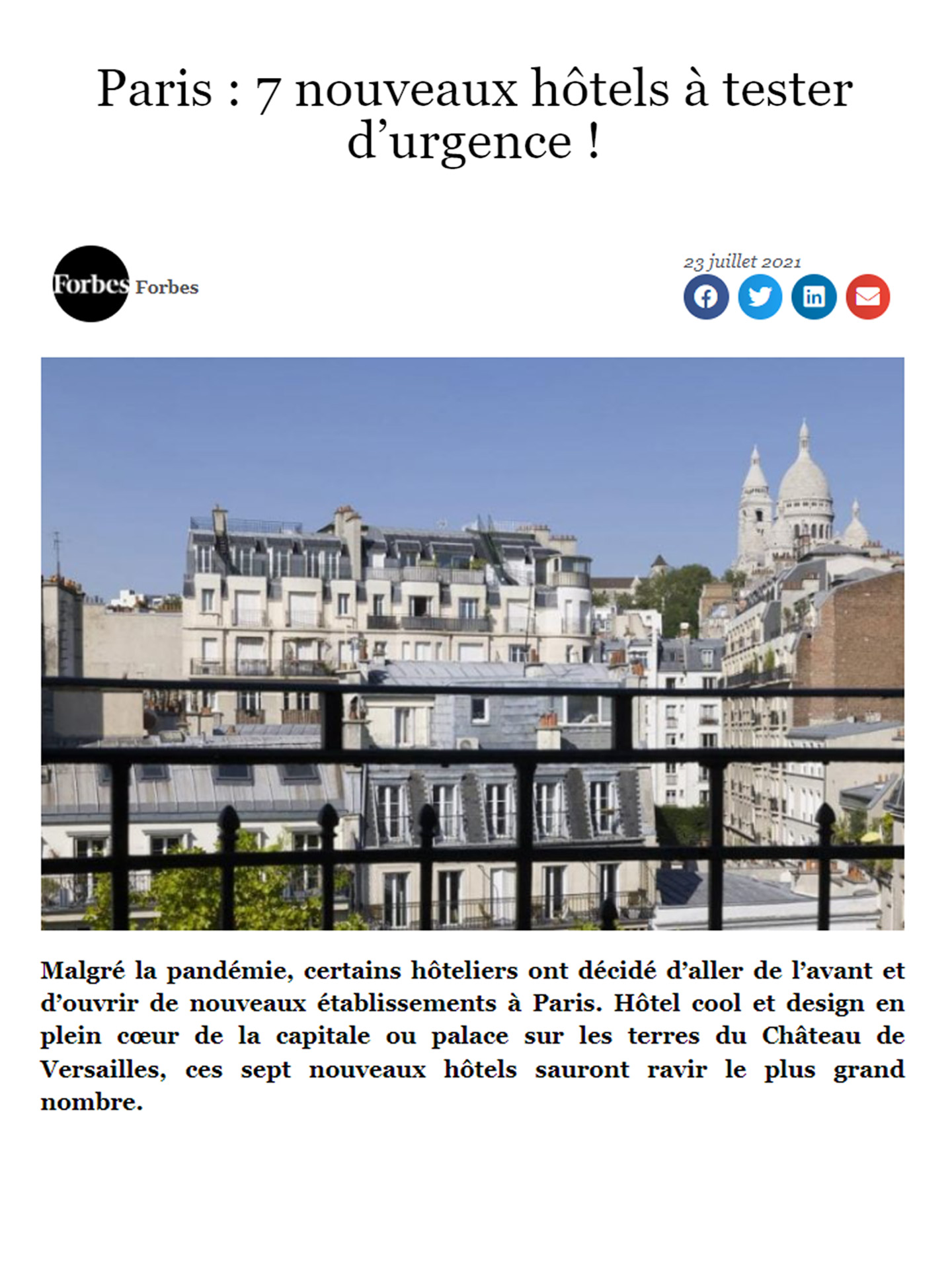 Article sur le Canopy by Hilton Paris Trocadéro réalisé par le studio jean-Philippe Nuel dans le magazine Forbes, nouvel hotel lifestyle, architecture d'intérieur de luxe