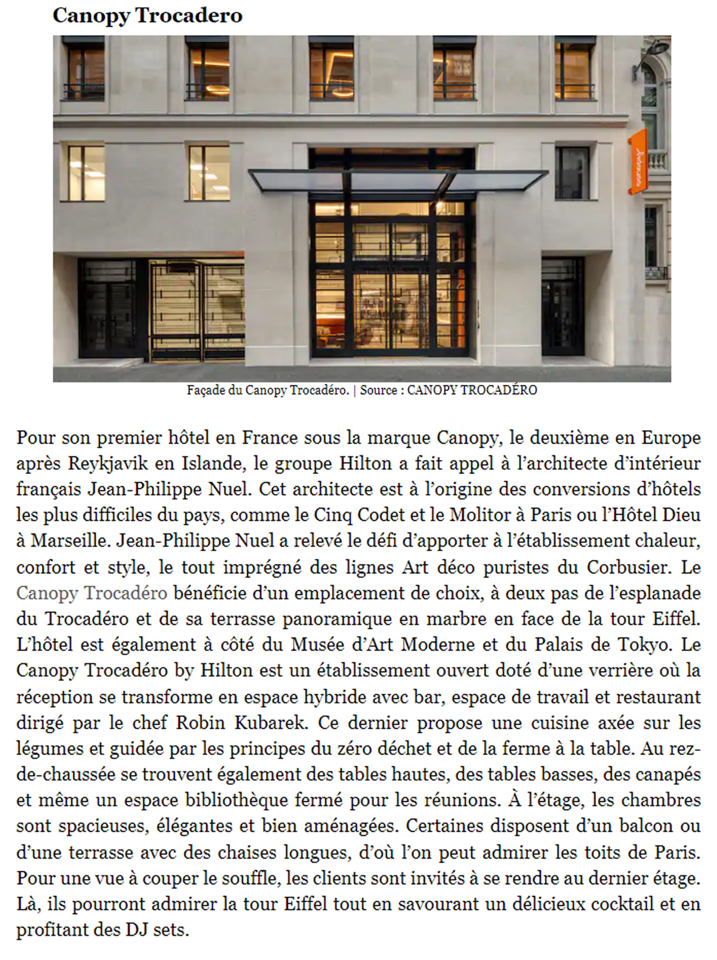 Article on the Canopy by Hilton Paris Trocadero designed by jean-Philippe Nuel studio in Forbes magazine, new lifestyle hotel, luxury interior design