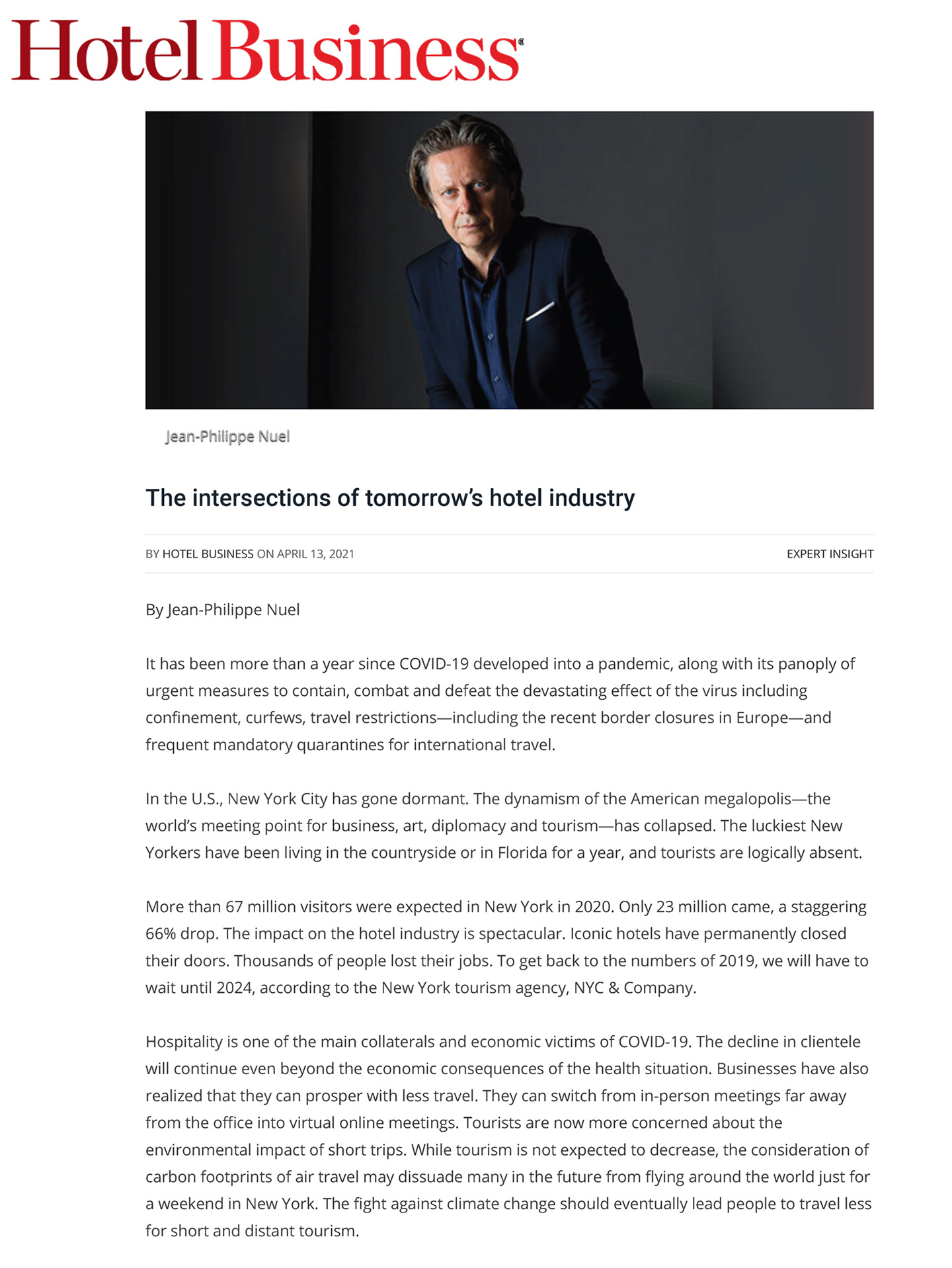 Article in Hotel business about jean-philippe nuel and his vision of the hotel industry of tomorrow, interior design, french designer