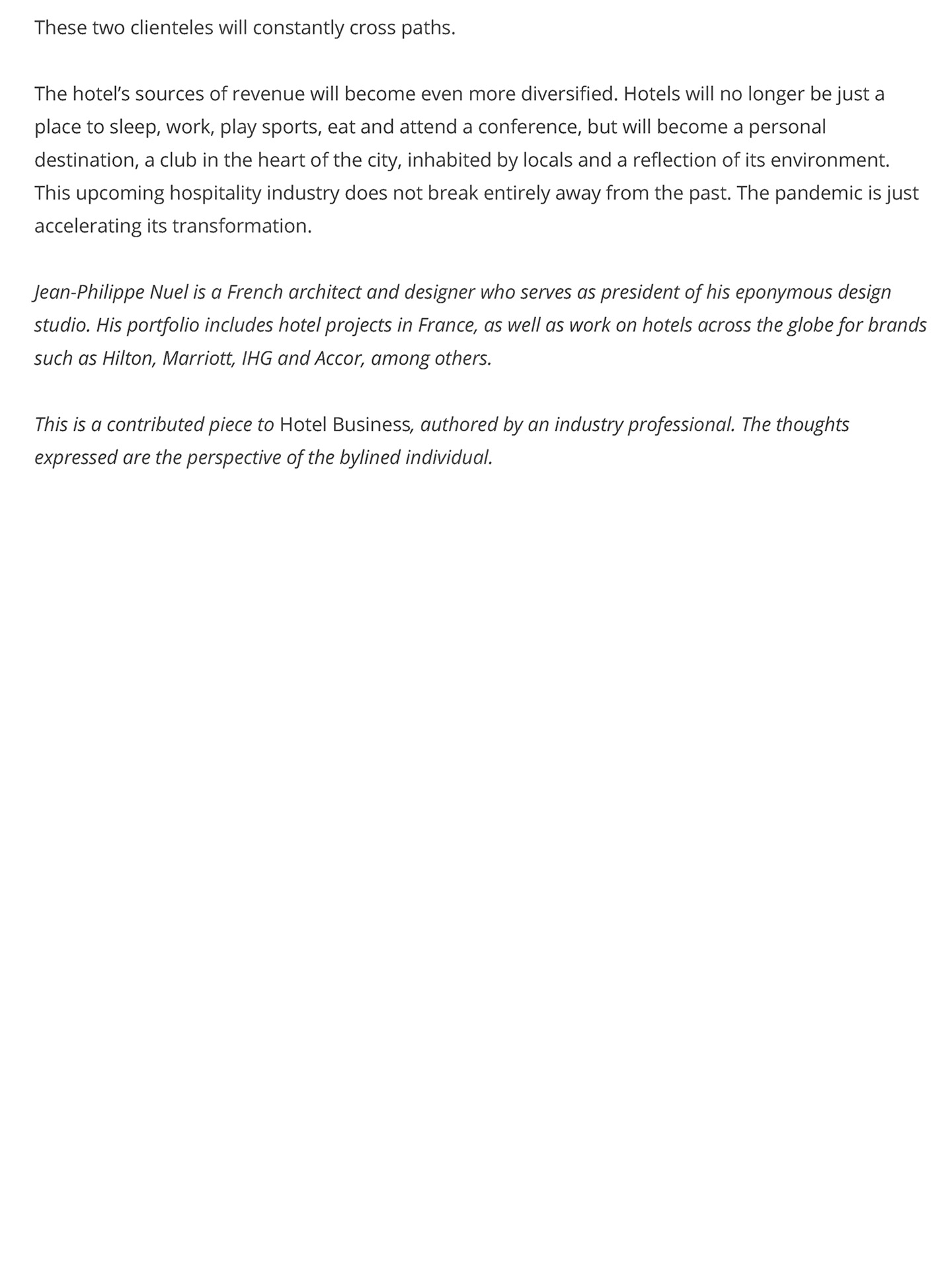 Article in Hotel business about jean-philippe nuel and his vision of the hotel industry of tomorrow, interior design, french designer