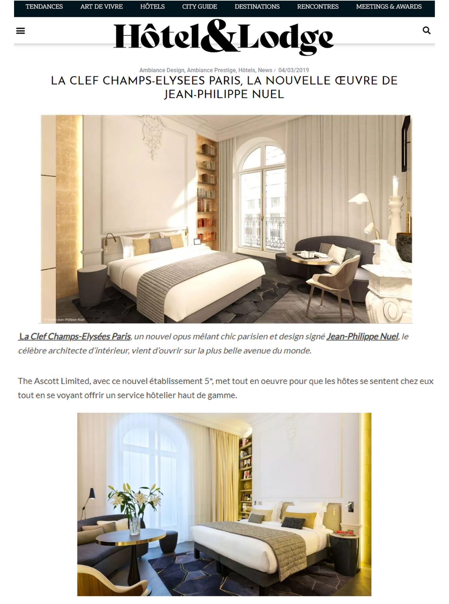 article sur l'hotel parisien 5 étoiles la clef champs elysées décoré et designé par le studio d'architecture d'intérieur jean-philippe nuel