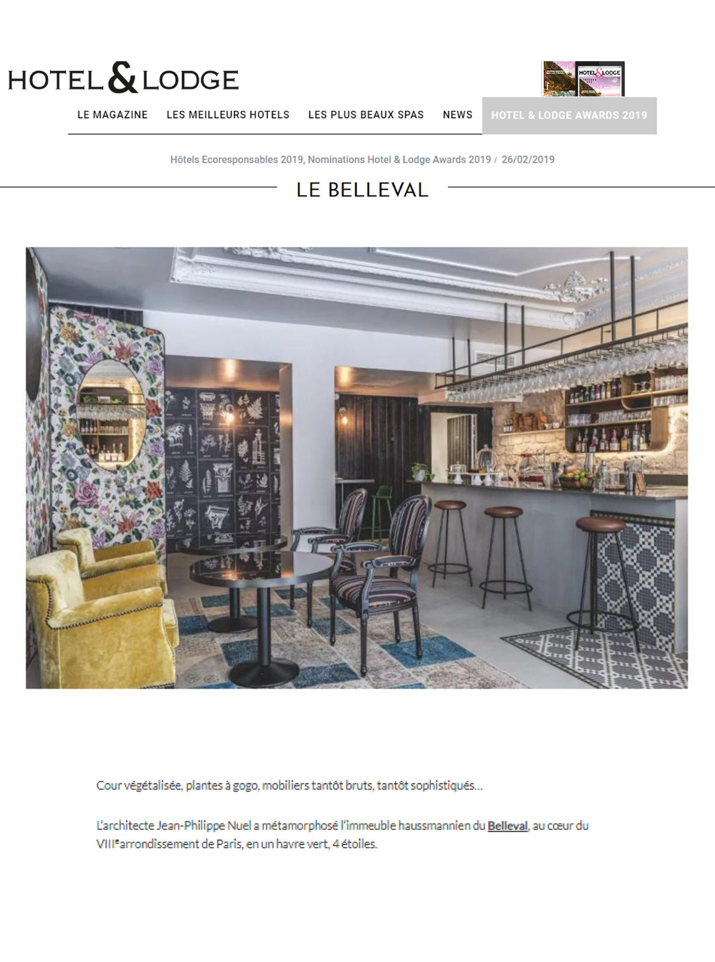 article sur l'hôtel de luxe haussmannien Le Belleval designé par l'architecte et décorateur d'intérieur Jean-Philippe Nuel