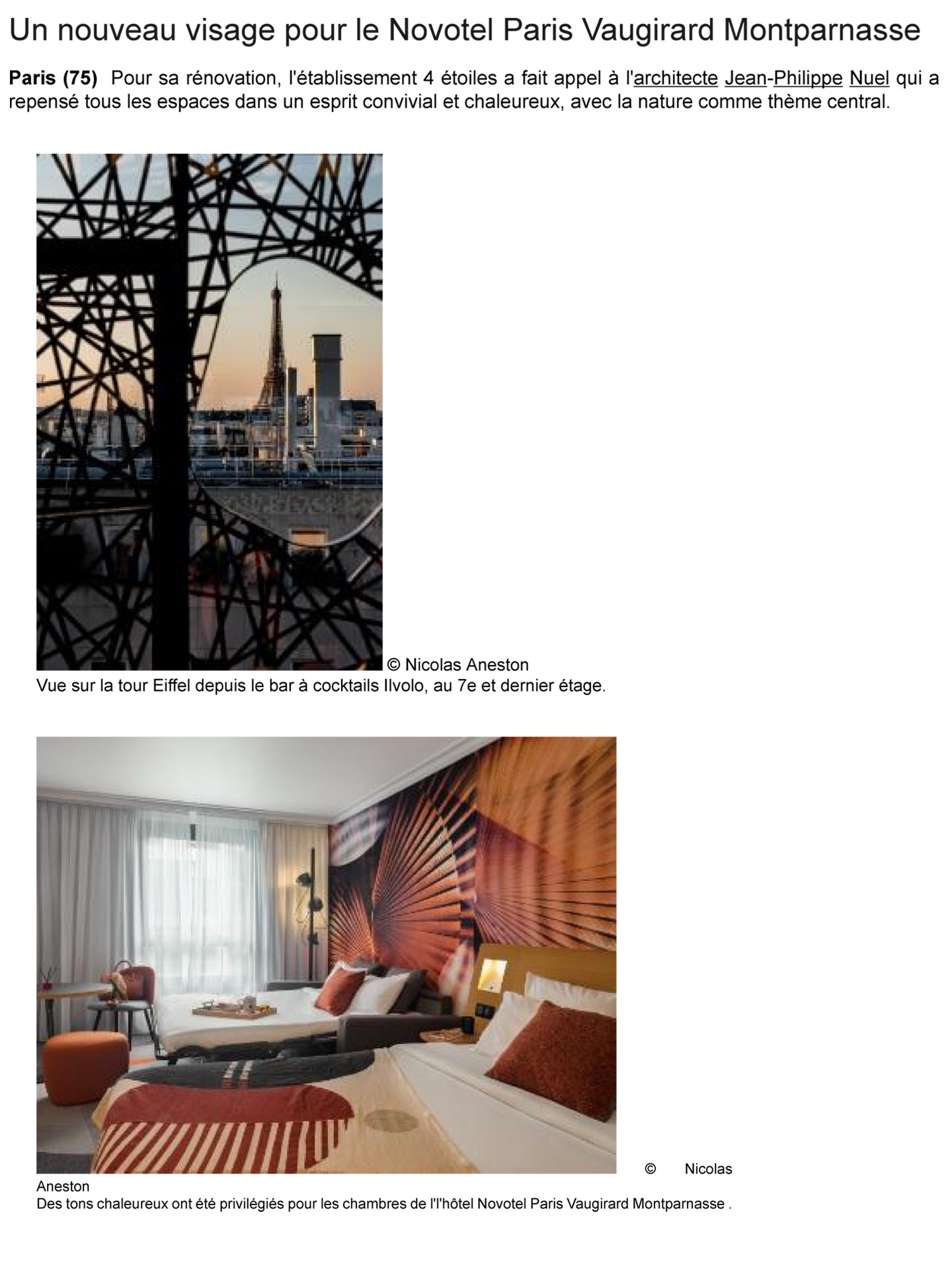 Article sur le Novotel Paris Vaugirard Montparnasse rénové par le studio d'architecture d'intérieur jean-philippe nuel, décoration inspirée de la nature, hotel 4 étoiles, magazine hotellerie restauration