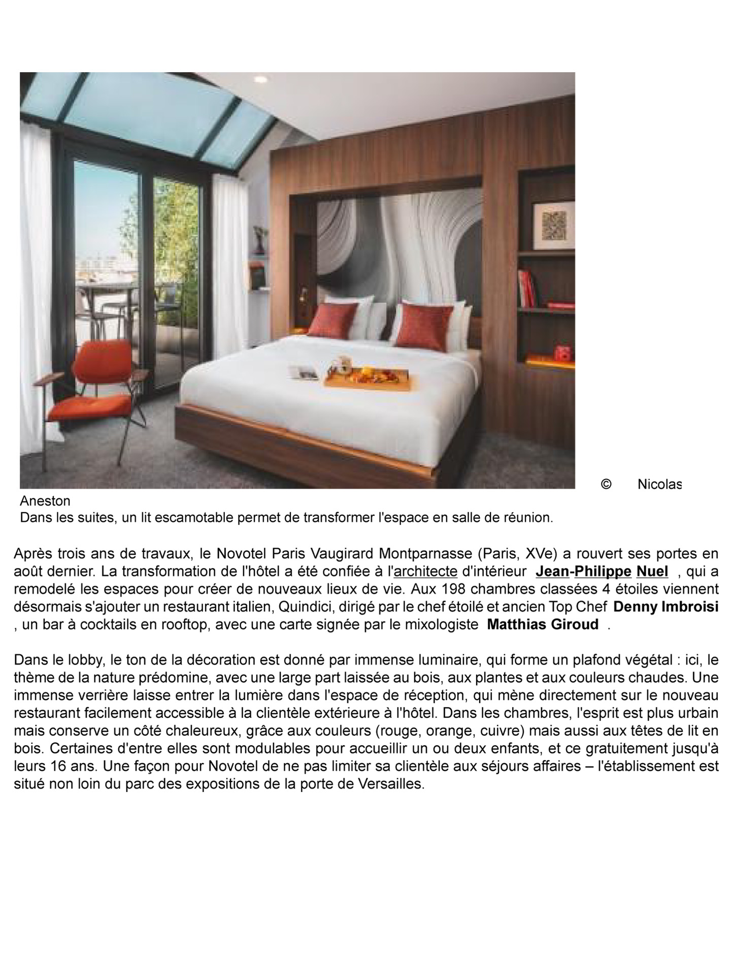 Article sur le Novotel Paris Vaugirard Montparnasse rénové par le studio d'architecture d'intérieur jean-philippe nuel, décoration inspirée de la nature, hotel 4 étoiles, magazine hotellerie restauration