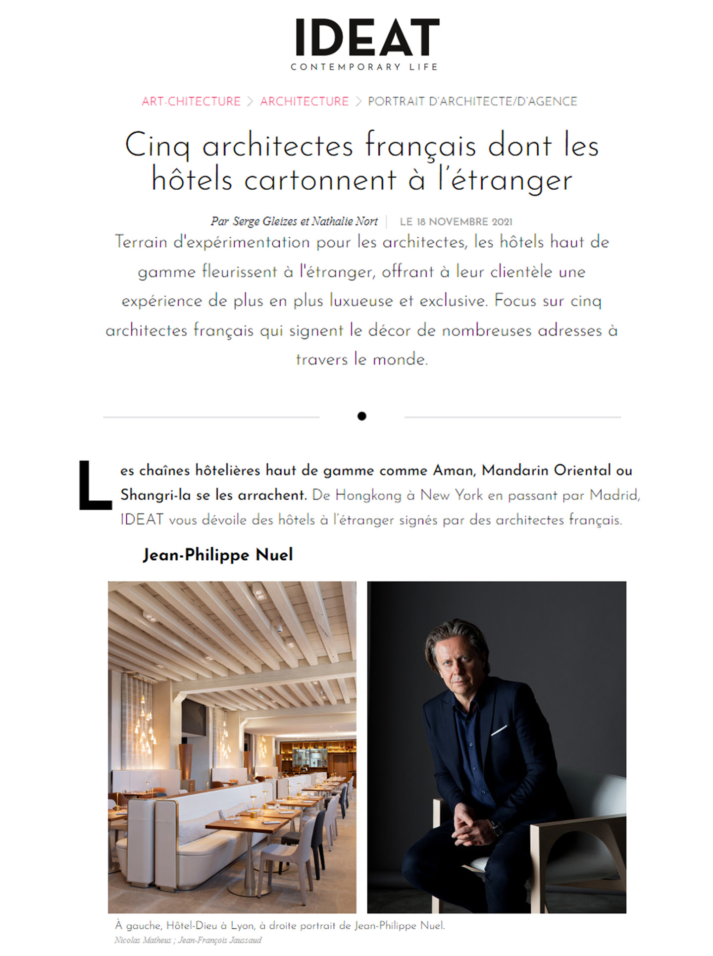 article sur jean-philippe nuel et ses réalisations dans l'architecture d'intérieur selon le magazine ideat, portrait