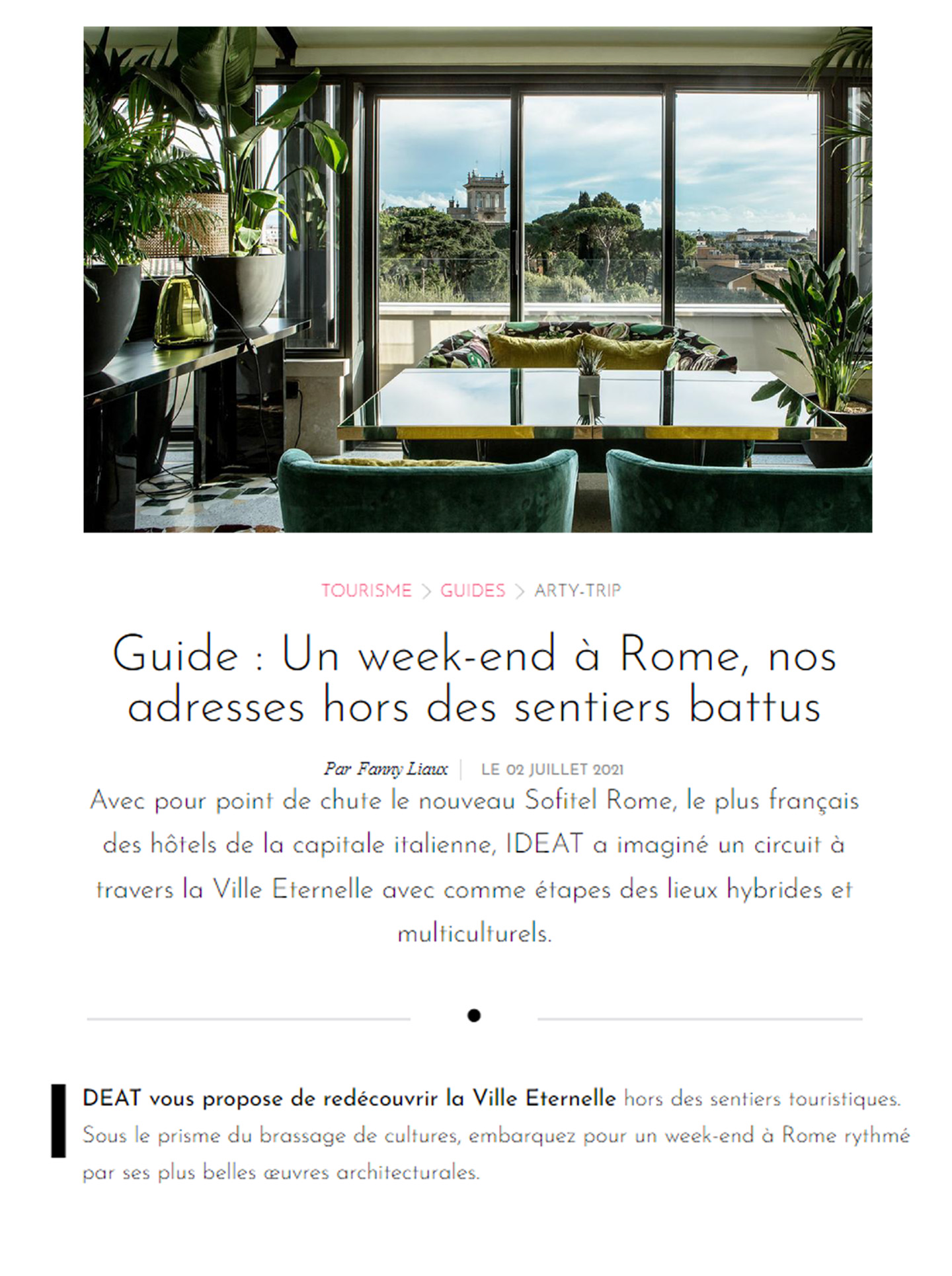 Article sur le Sofitel Rome Villa Borghese réalisé par le studio jean-Philippe Nuel dans le magazine Ideat, nouvel hotel lifestyle, architecture d'intérieur de luxe, hotel italie, hotel de luxe