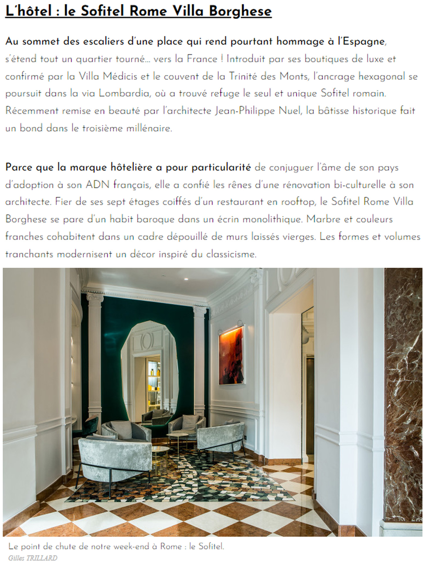 Article sur le Sofitel Rome Villa Borghese réalisé par le studio jean-Philippe Nuel dans le magazine Ideat, nouvel hotel lifestyle, architecture d'intérieur de luxe, hotel italie, hotel de luxe