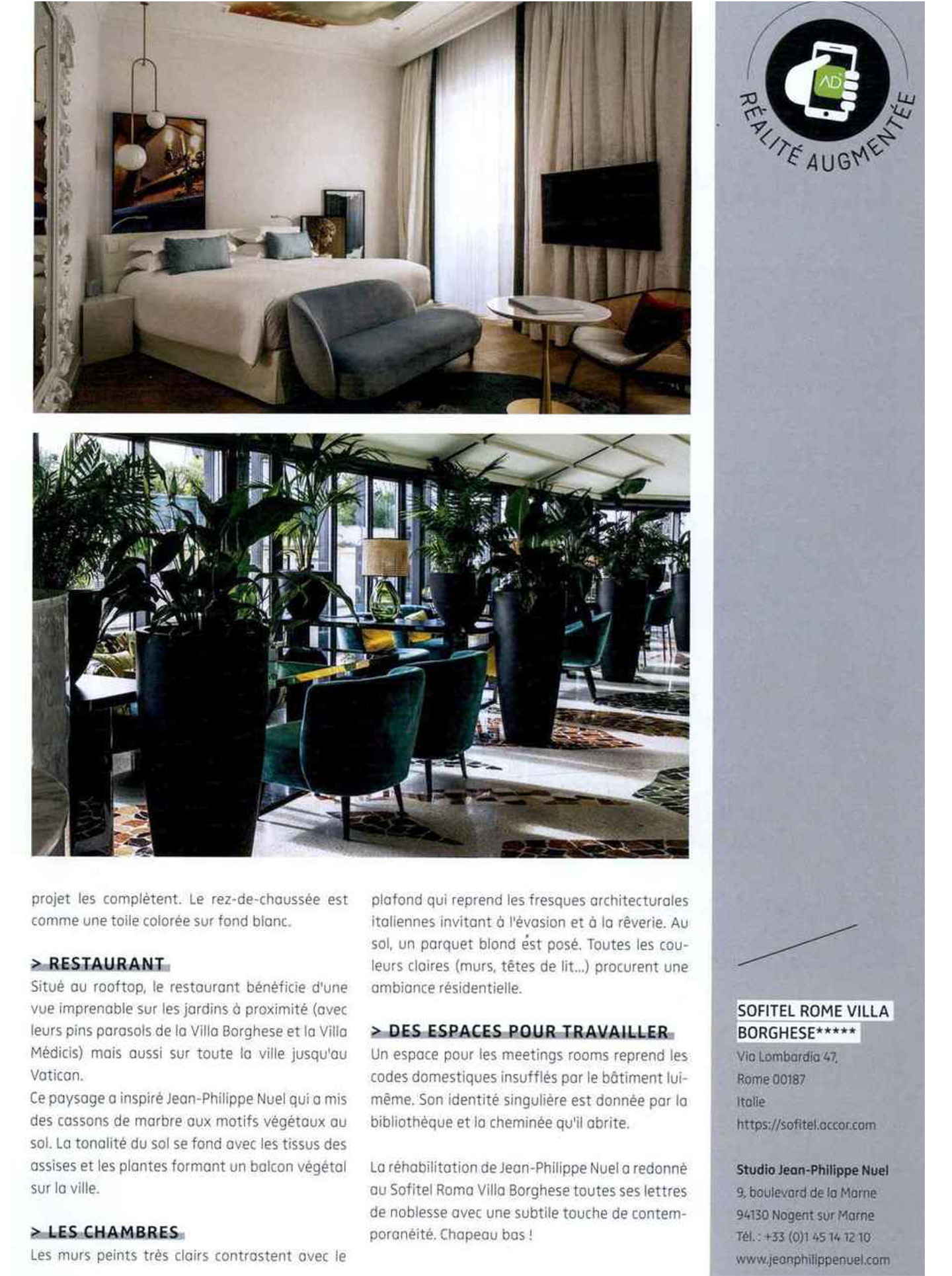 Article on the Sofitel Rome Villa Borghese realized by the studio jean-Philippe Nuel in the magazine nda, new lifestyle hotel, luxury interior design, luxury hotel in italy