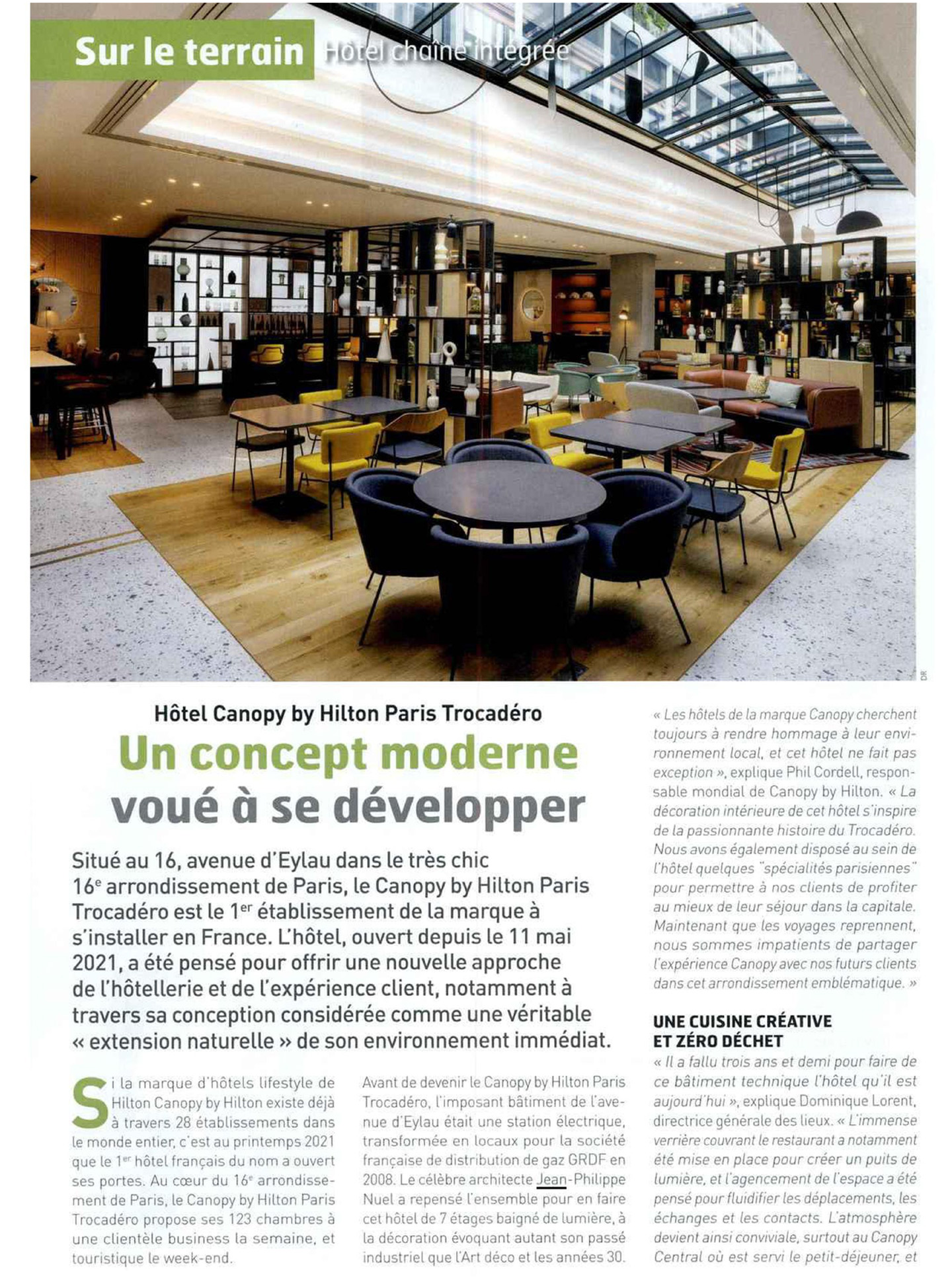 Article sur le Canopy by Hilton Paris Trocadéro réalisé par le studio jean-Philippe Nuel dans le magazine industrie hotelliere, nouvel hotel lifestyle, architecture d'intérieur de luxe, paris centre, hotel de luxe français