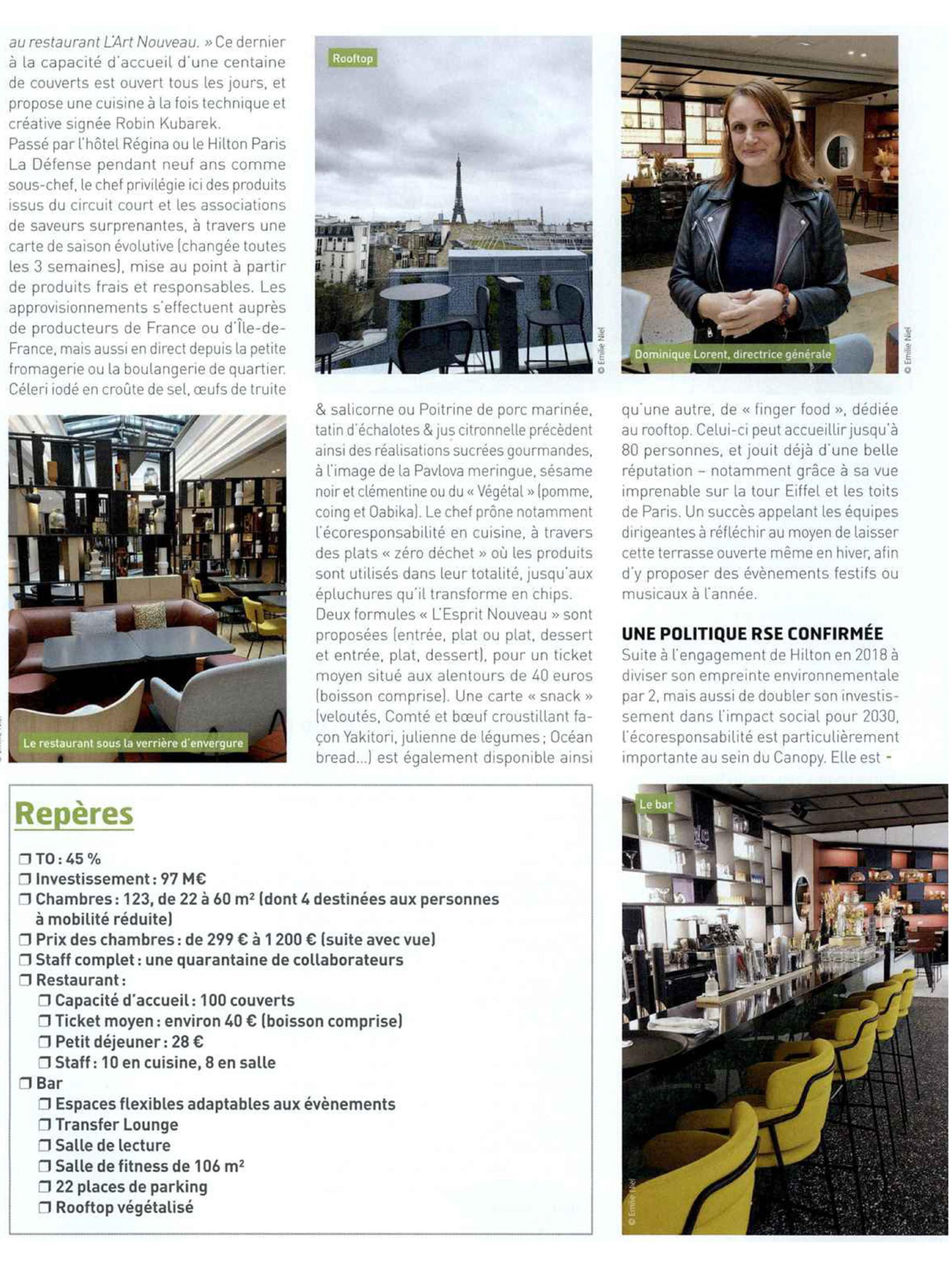 Article sur le Canopy by Hilton Paris Trocadéro réalisé par le studio jean-Philippe Nuel dans le magazine industrie hotelliere, nouvel hotel lifestyle, architecture d'intérieur de luxe, paris centre, hotel de luxe français