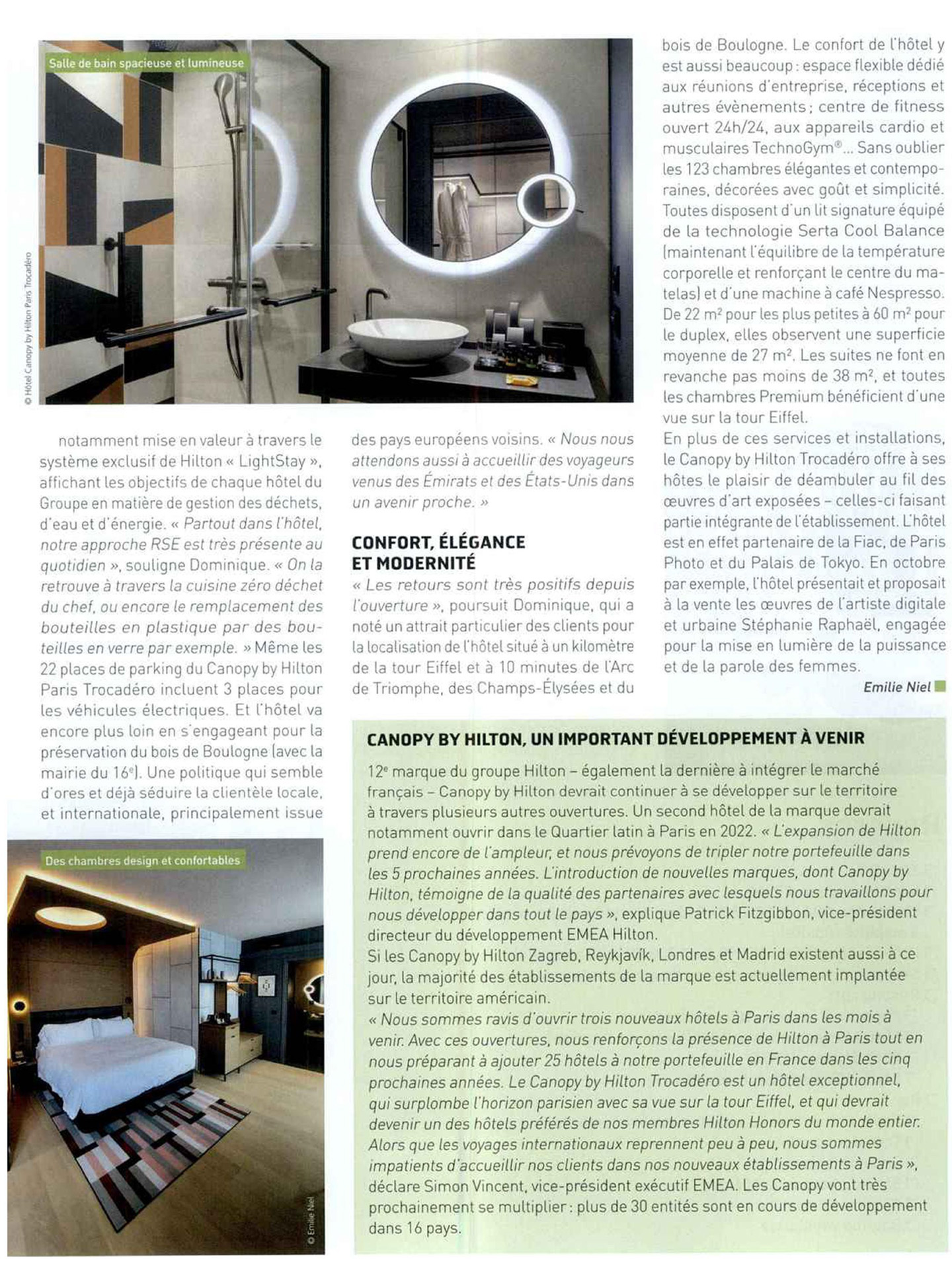 Article sur le Canopy by Hilton Paris Trocadéro réalisé par le studio jean-Philippe Nuel dans le magazine industrie hotelliere, nouvel hotel lifestyle, architecture d'intérieur de luxe, paris centre, hotel de luxe français