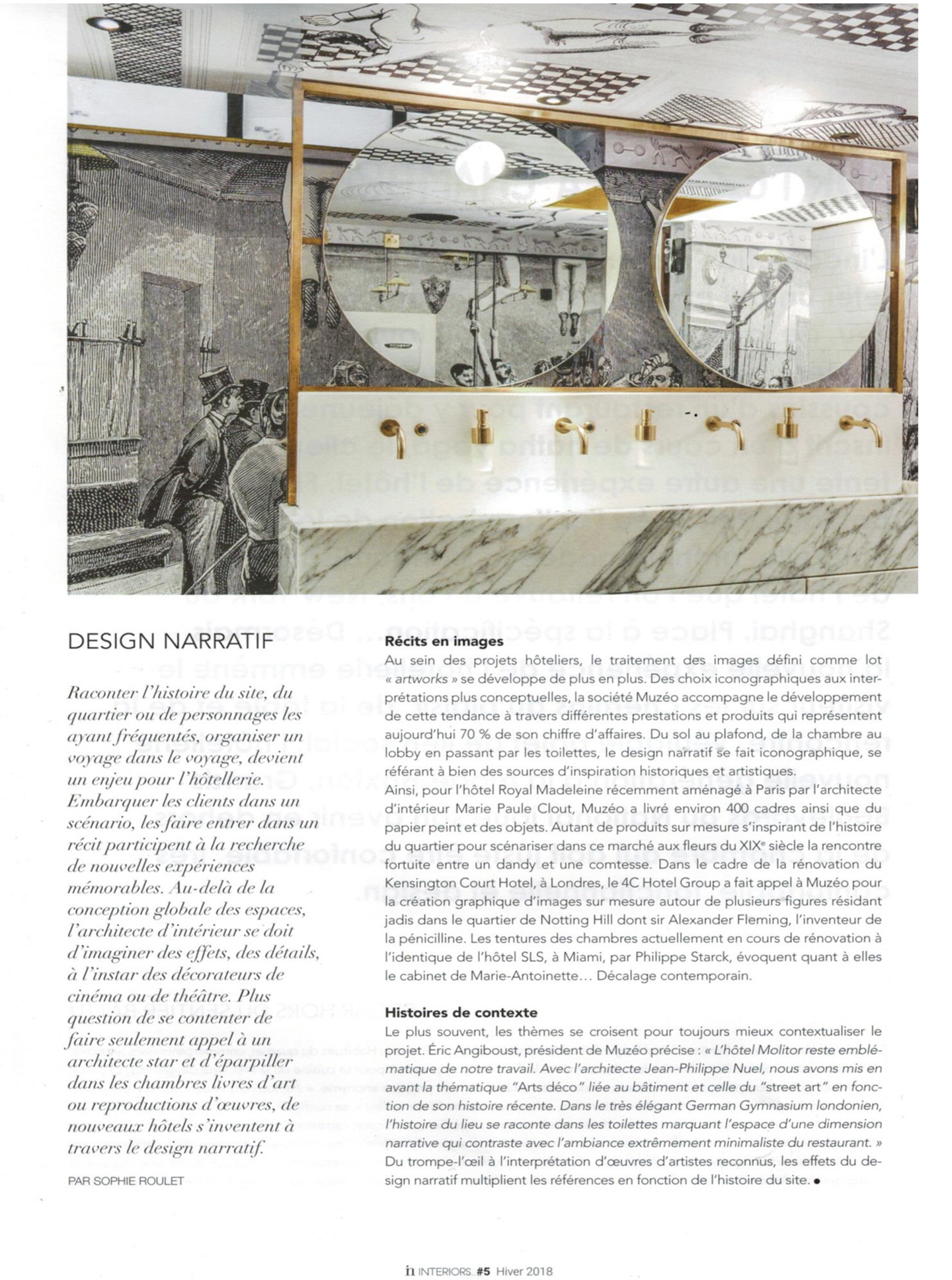 article sur jean-philippe nuel et muzeo dans le magazine interiors pour l'agencement d'hotel de luxe