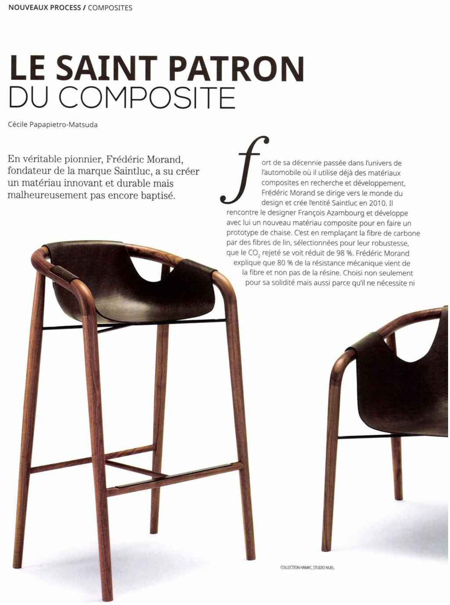 article on the collaboration between french interior designer jean-philippe nuel and saintluc for the creation of a range of seats made from linen fibers, object design