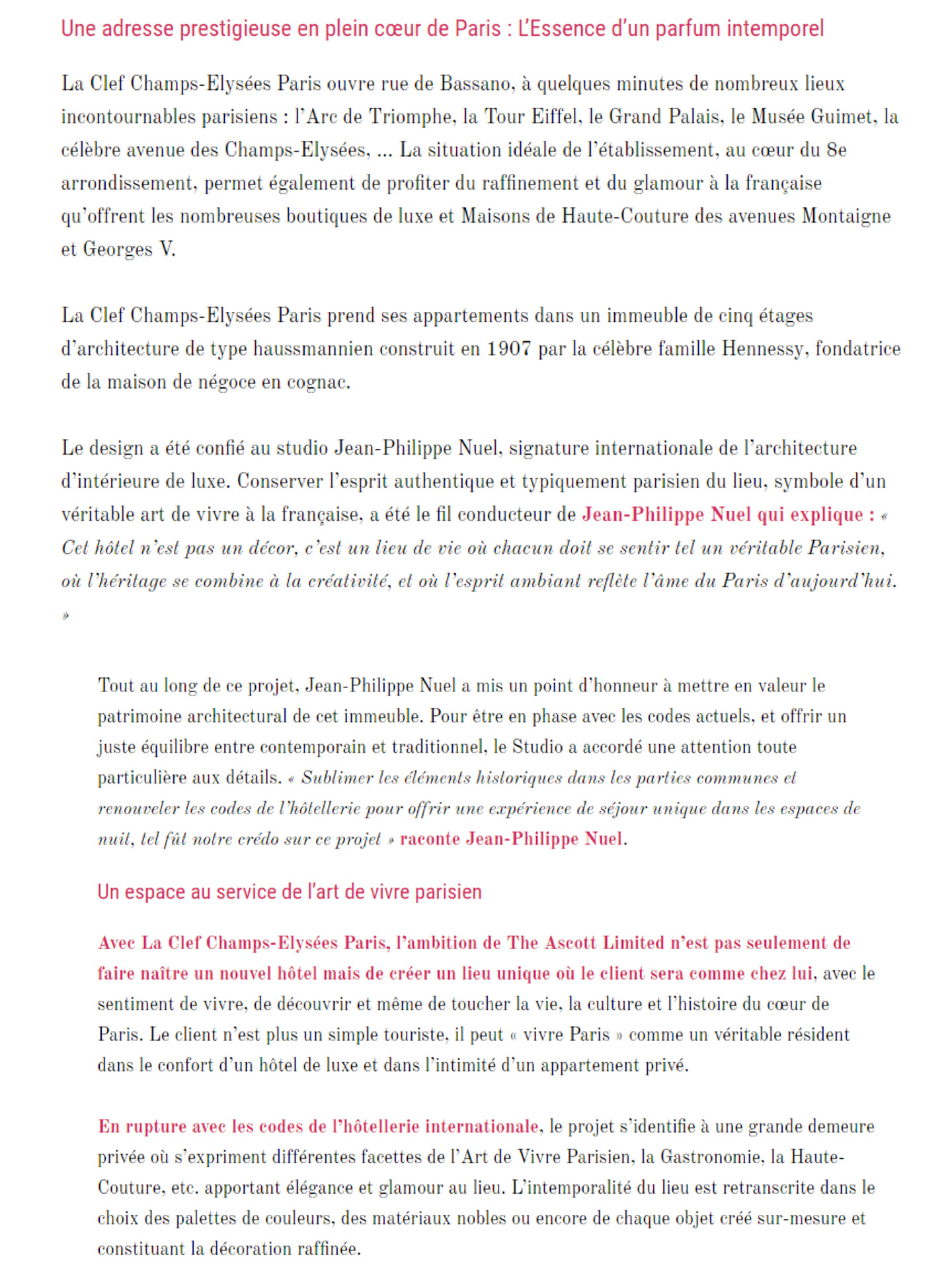 article sur l'hotel de luxe la clef champs elysées paris rénové par le studio d'architecture d'intérieur jean-philippe nuel dans un style français et moderne