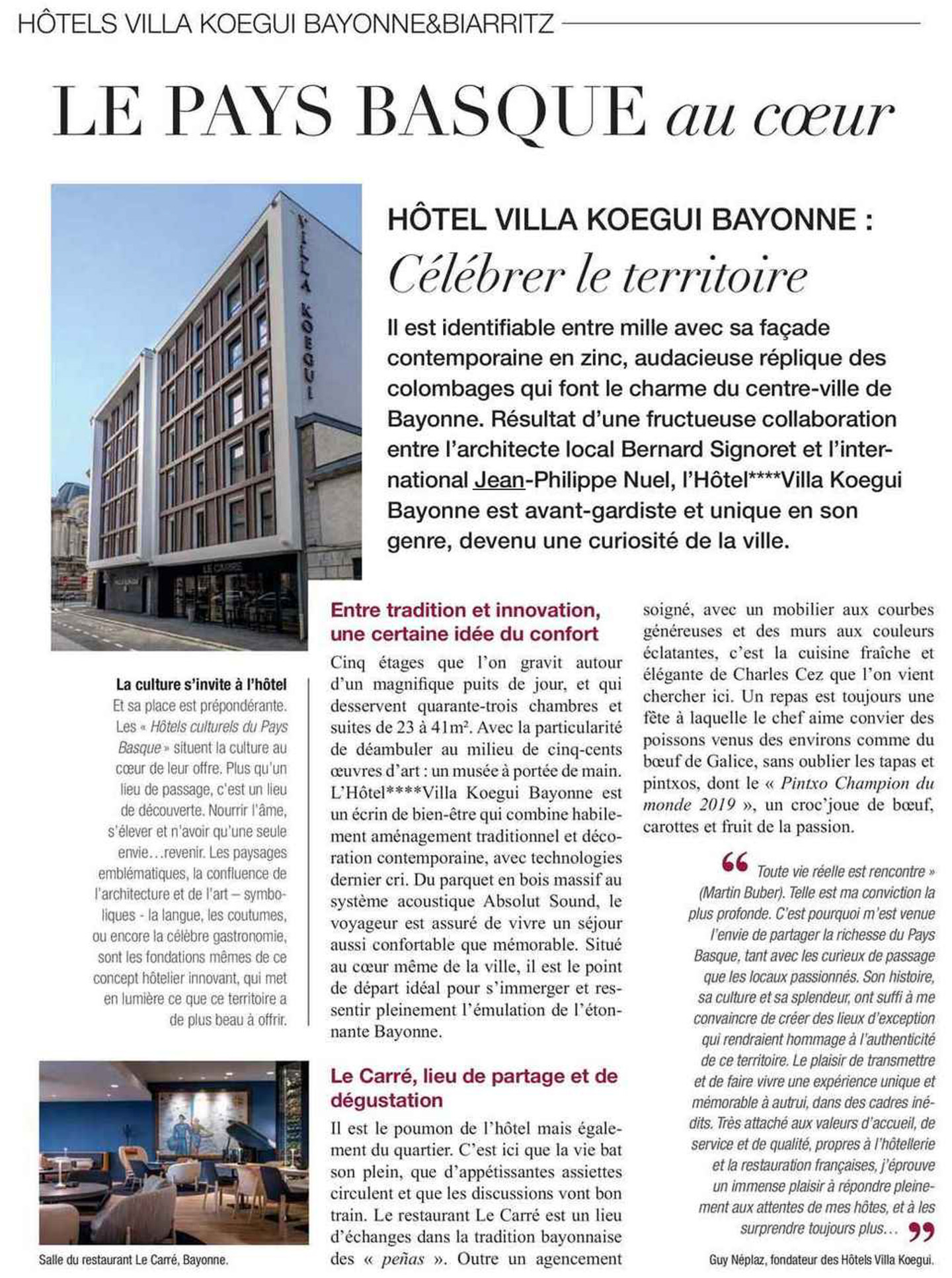 Article on the villa koegui bayonne in the figaro magazine aquitaine, lifestyle hotel in the french basque country designed by the interior design studio jean-philippe nuel