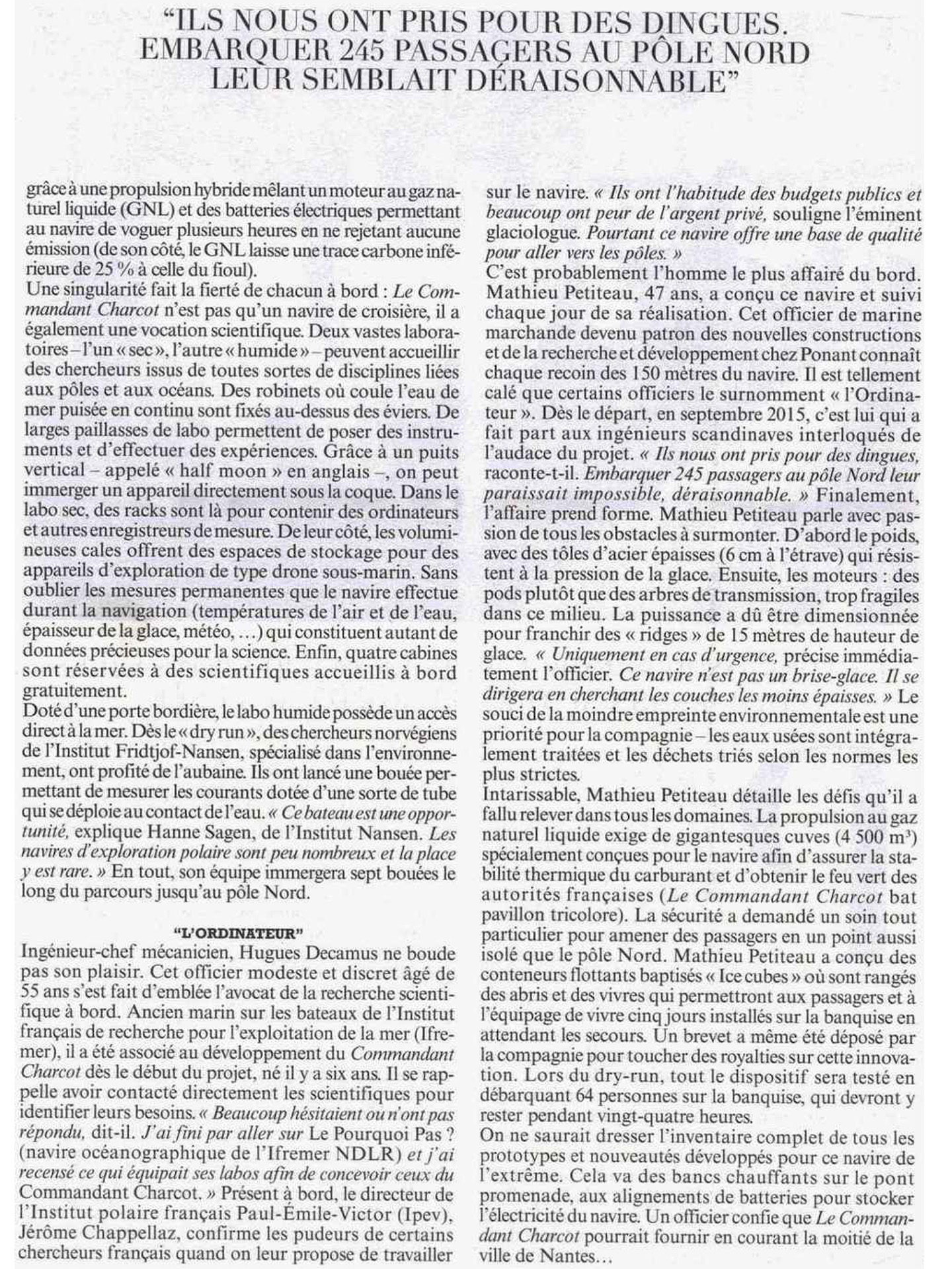 article sur le commandant charcot de ponant dans le figaro magazine, architecture d'intérieur signée jean-philippe nuel, navire d'expedition polaire de luxe, croisière, bateau de luxe, décoration d'intérieur