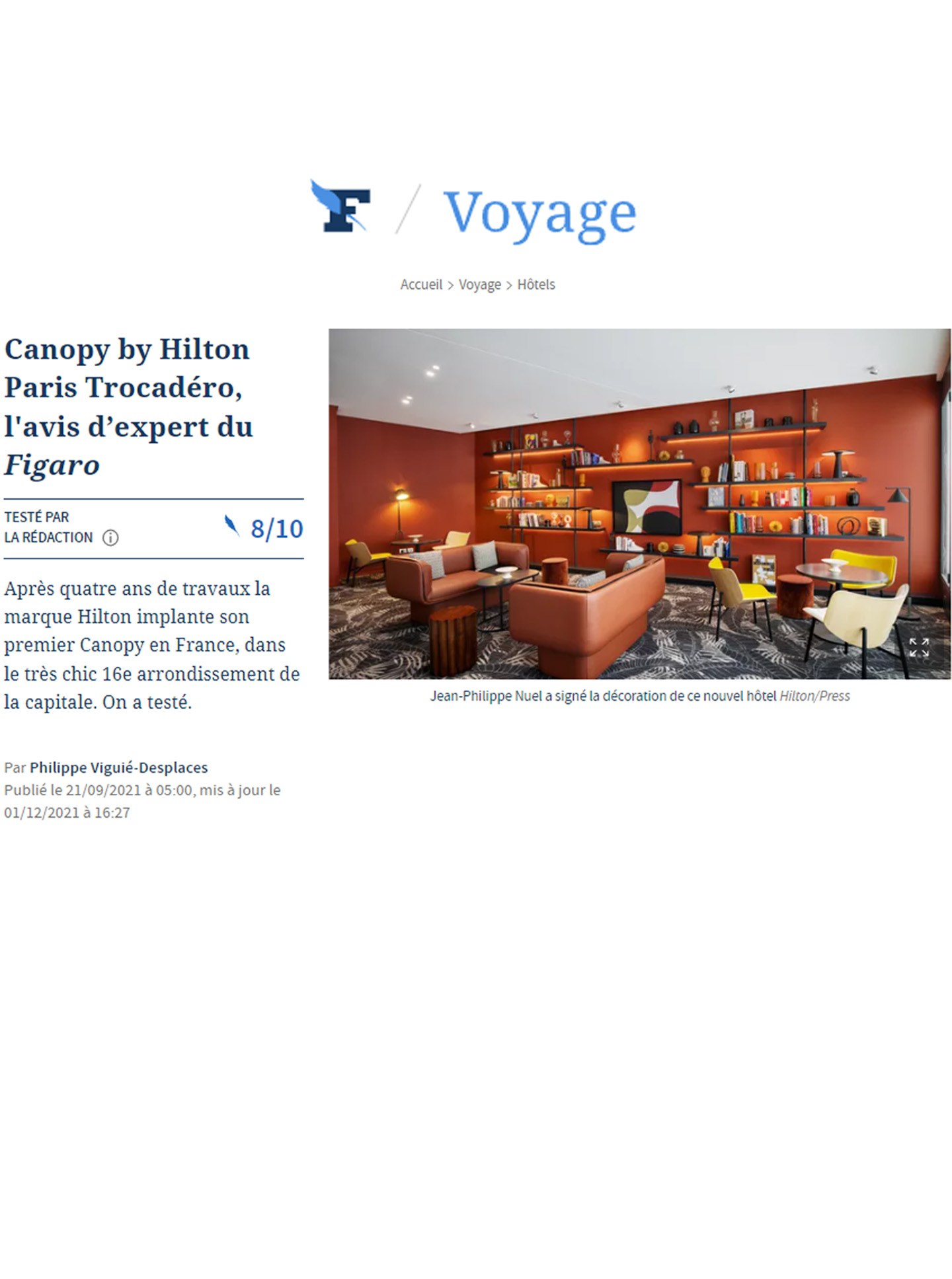 Article on the Canopy by Hilton Paris Trocadero designed by jean-Philippe Nuel studio in Le Figaro magazine, new lifestyle hotel, luxury interior design, paris center, french luxury hotel