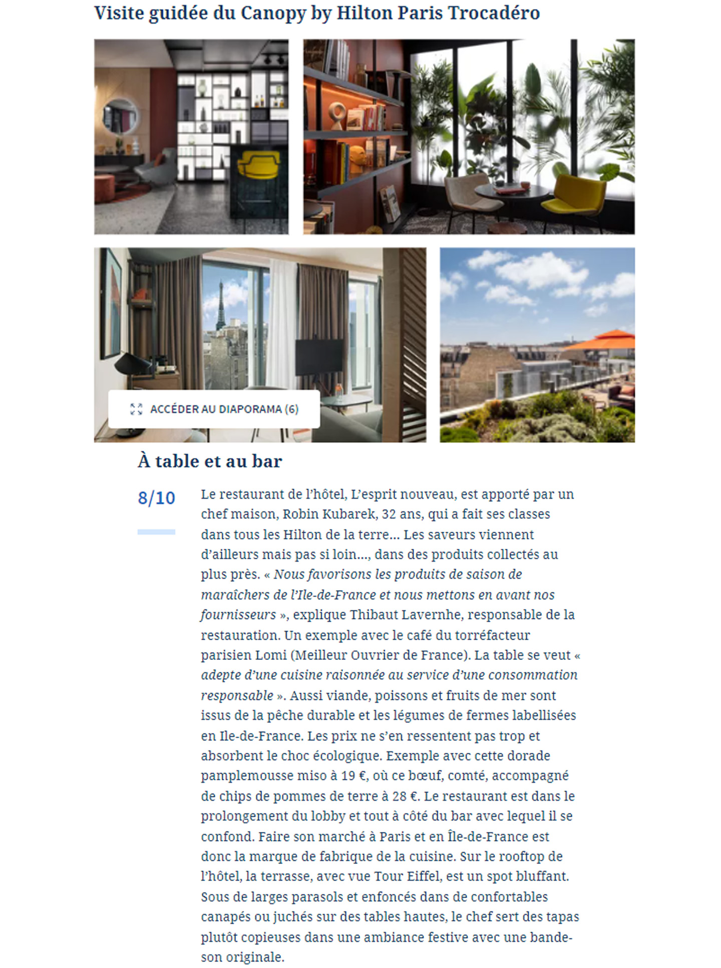 Article on the Canopy by Hilton Paris Trocadero designed by jean-Philippe Nuel studio in Le Figaro magazine, new lifestyle hotel, luxury interior design, paris center, french luxury hotel