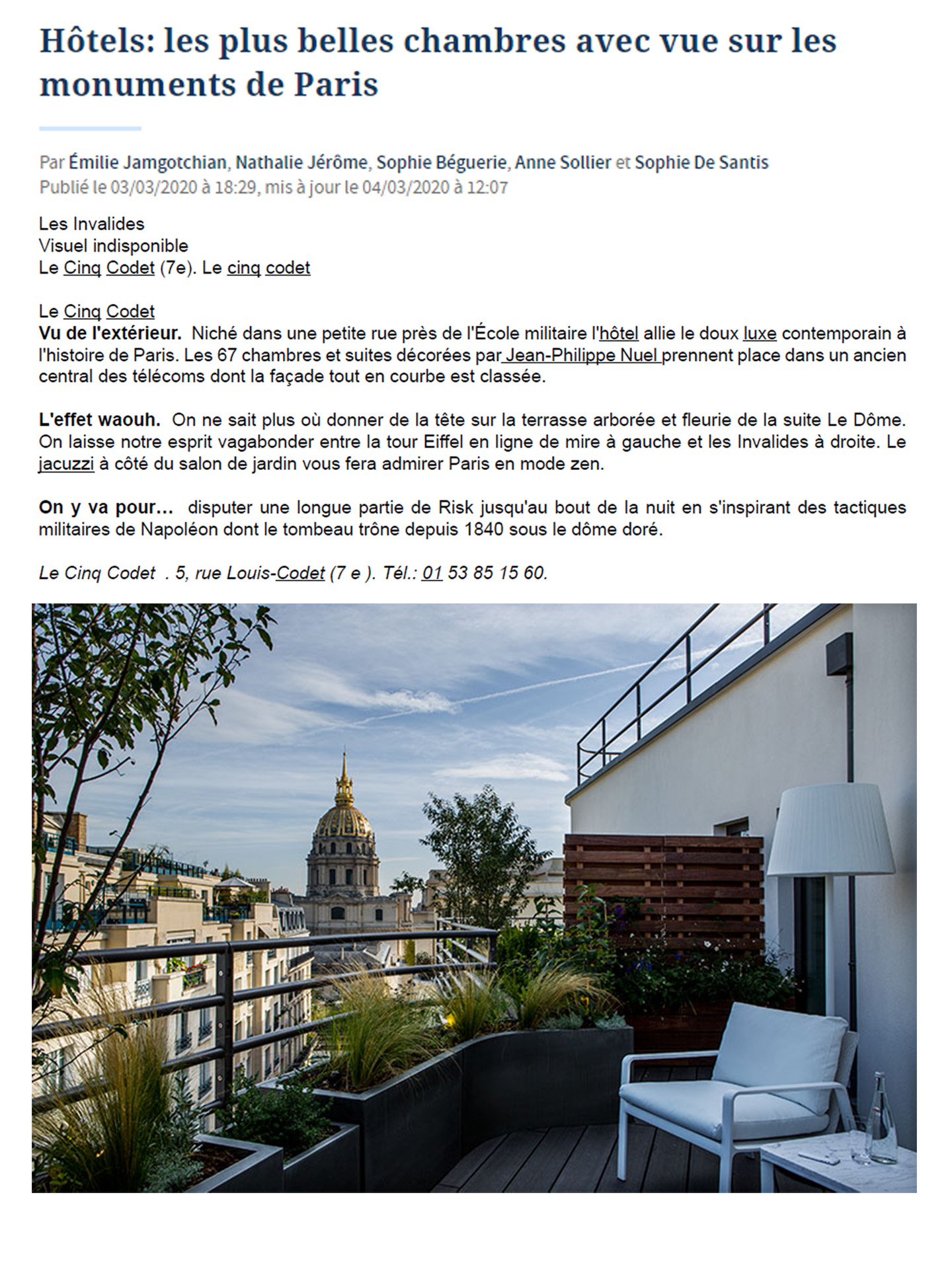 article sur l'hôtel le cinq codet paris, hotel de luxe avec vue imprenable sur les monuments de paris rénové par l'architecte et décorateur d'intérieur jean-philippe nuel