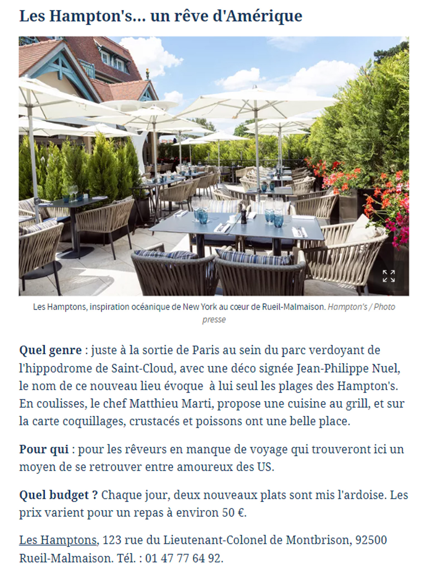 article on the restaurant Les Hamptons Grill realized by the studio jean-philippe nuel, interior architecture, luxury hotel, interior design