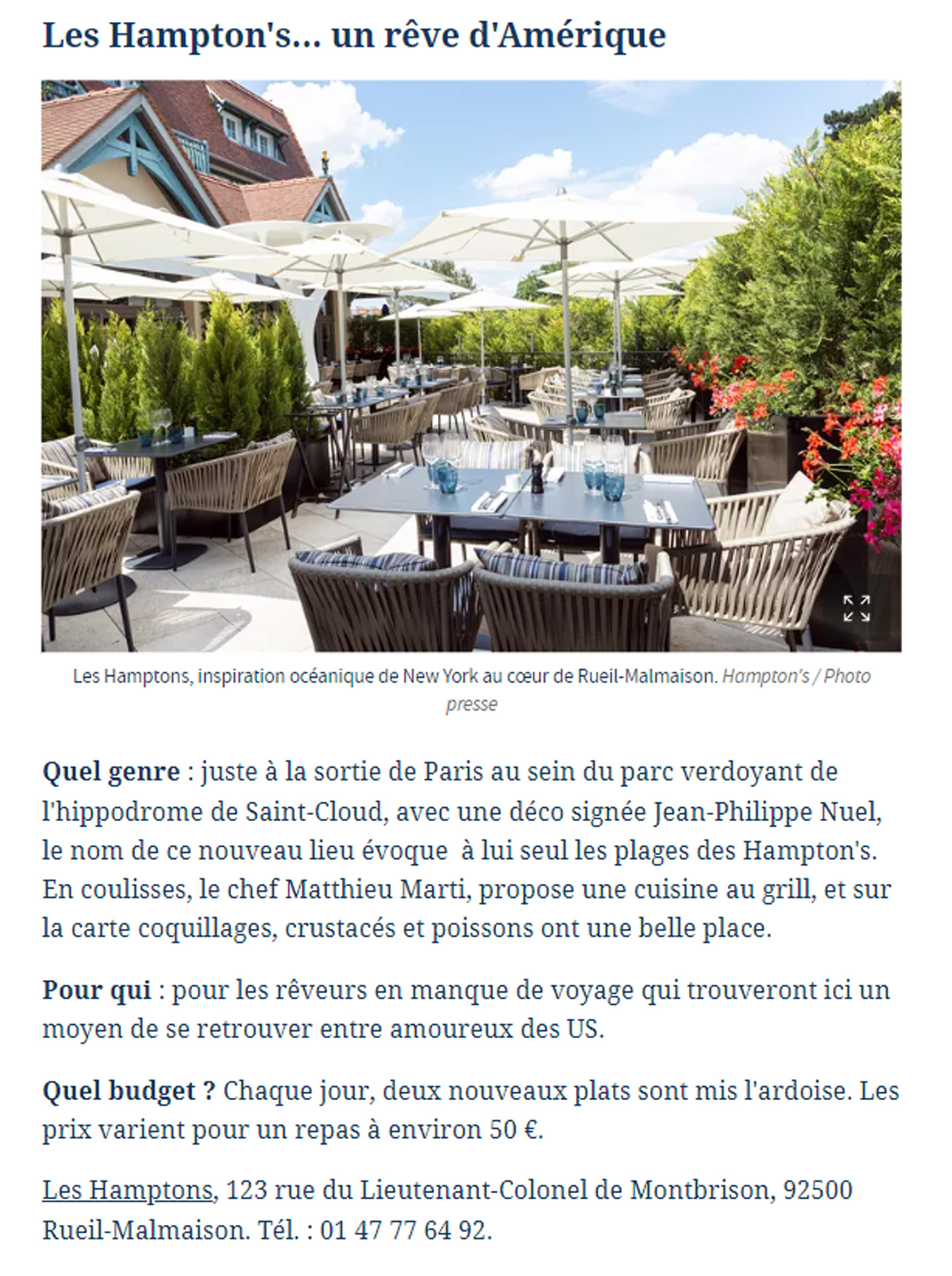 article sur le restaurant Les Hamptons Grill réalisé par le studio jean-philippe nuel, architecture d'intérieur, hôtel de luxe, décoration d'intérieur