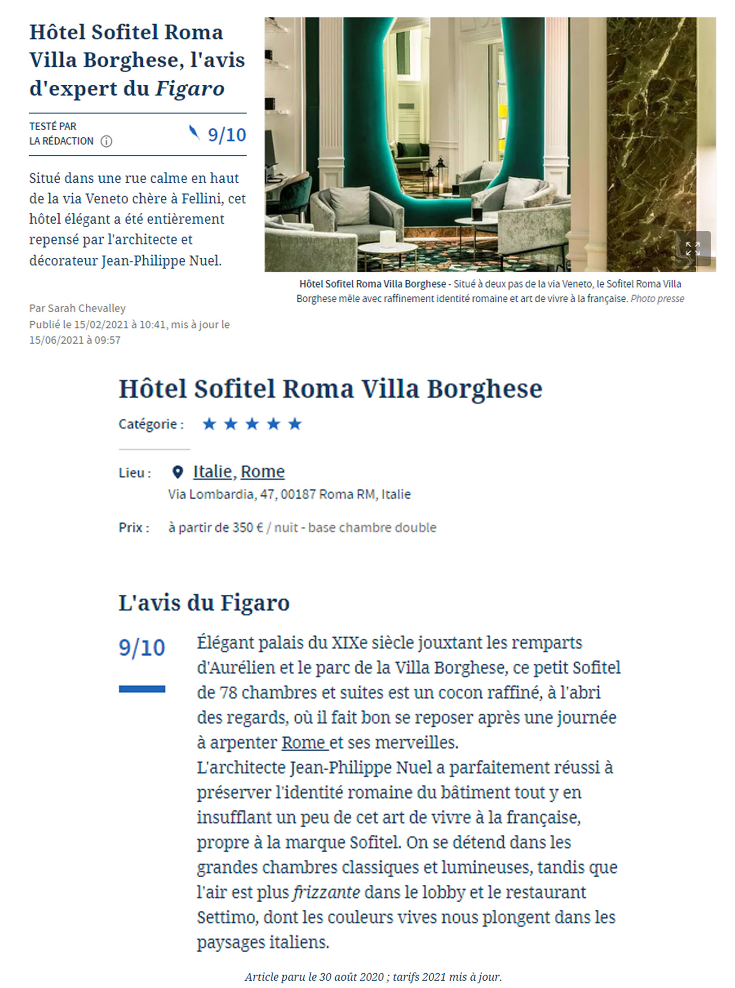 Article sur le sofitel rome villa borghese dans le figaro, hotel rénové et décoré par le studio d'architecture d'intérieur jean-philippe nuel