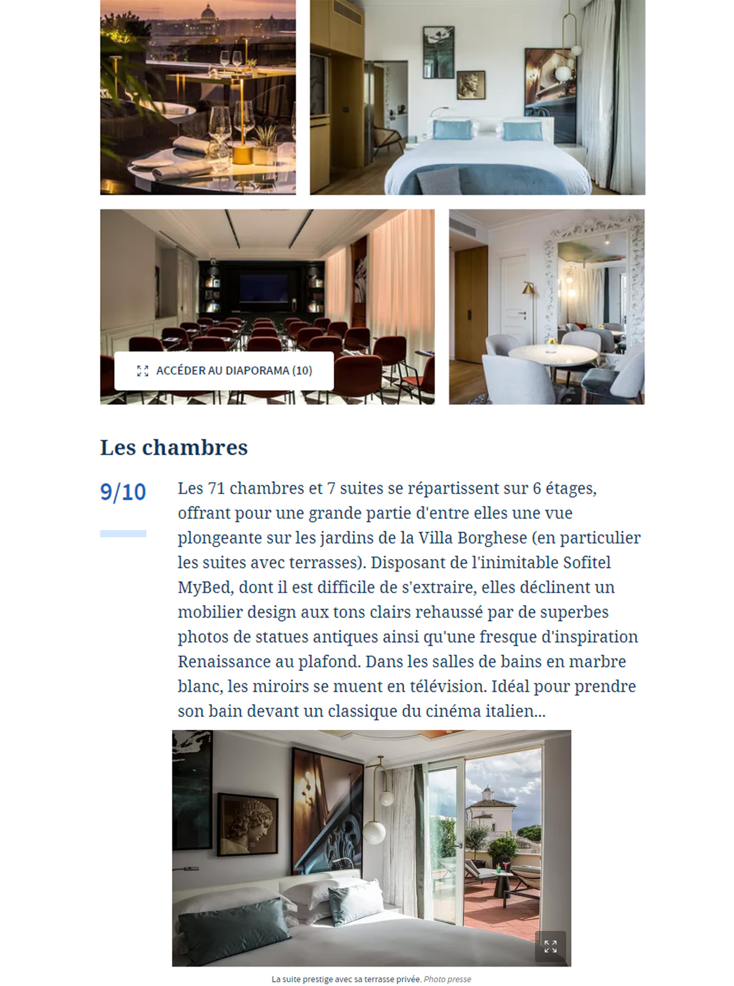 Article on the sofitel rome villa borghese in the figaro, hotel renovated and decorated by the interior design studio jean-philippe nuel