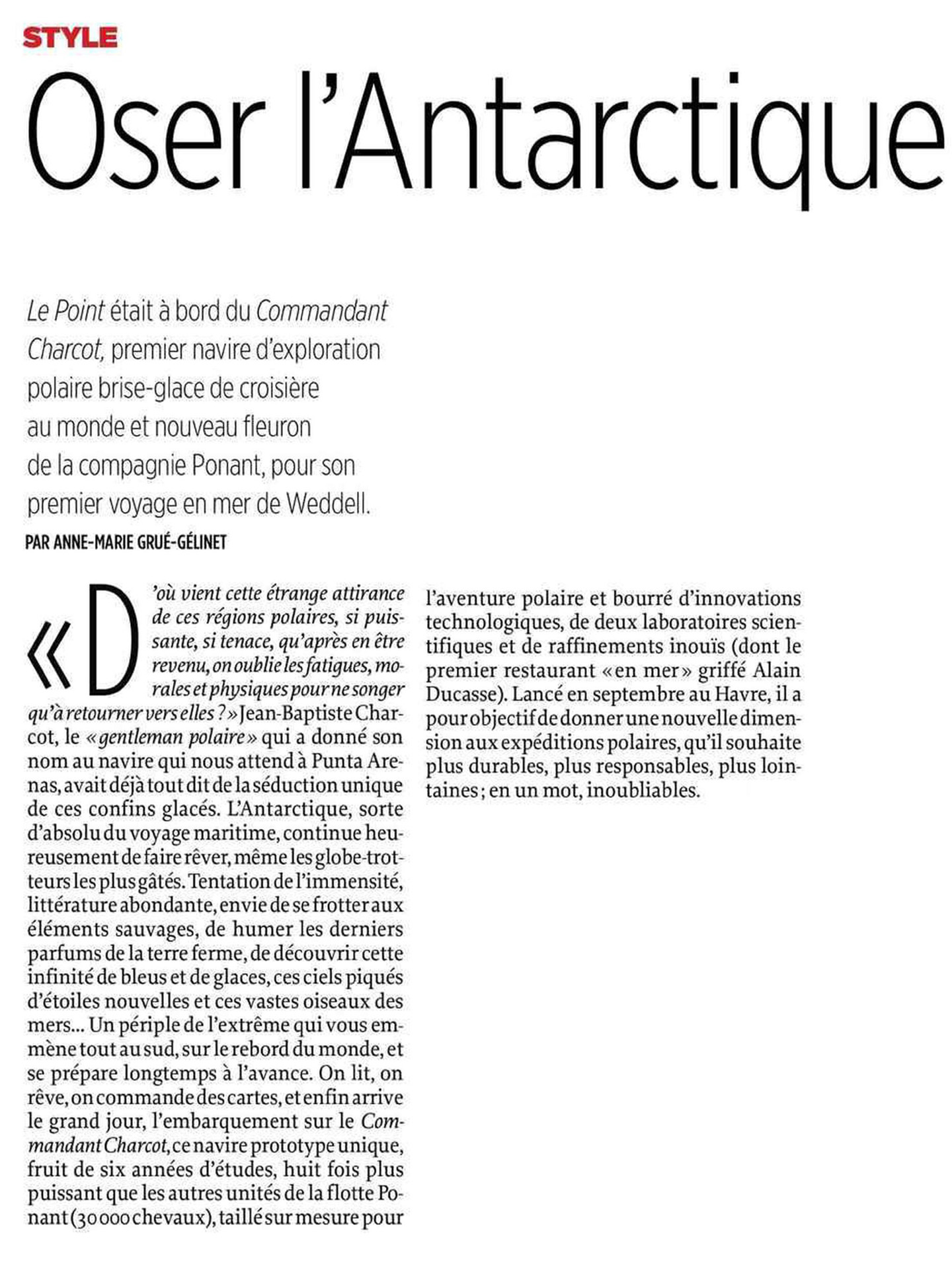 article sur le commandant charcot de ponant dans le Point, architecture d'intérieur signée jean-philippe nuel, navire d'expedition polaire de luxe, croisière, bateau de luxe, décoration d'intérieur