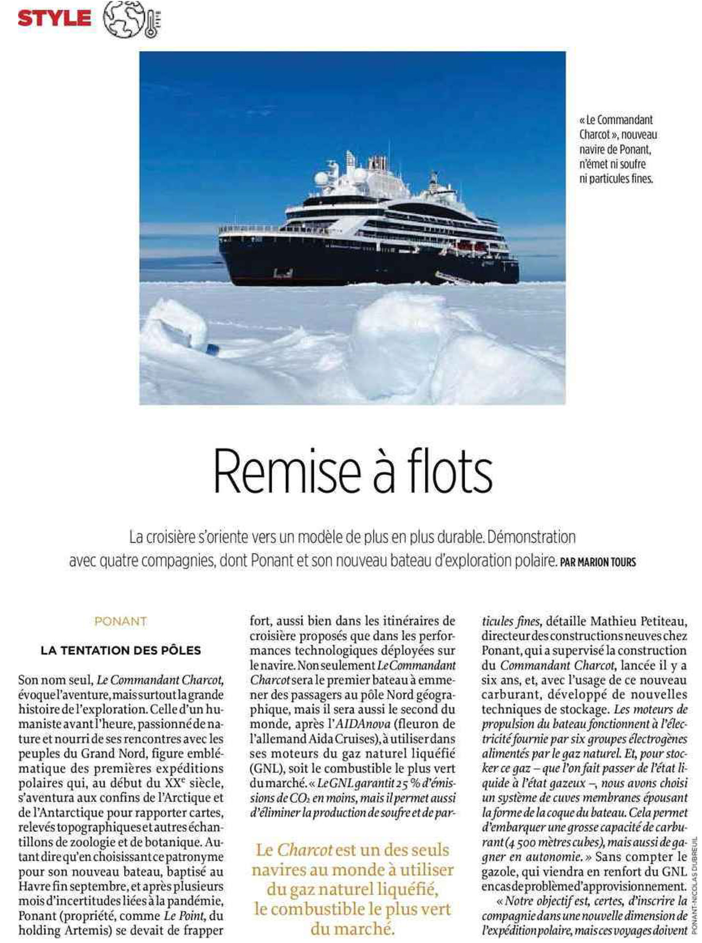 article sur le commandant charcot de ponant dans Le Point, architecture d'intérieur signée jean-philippe nuel, navire d'expedition polaire de luxe, croisière, bateau de luxe, décoration d'intérieur