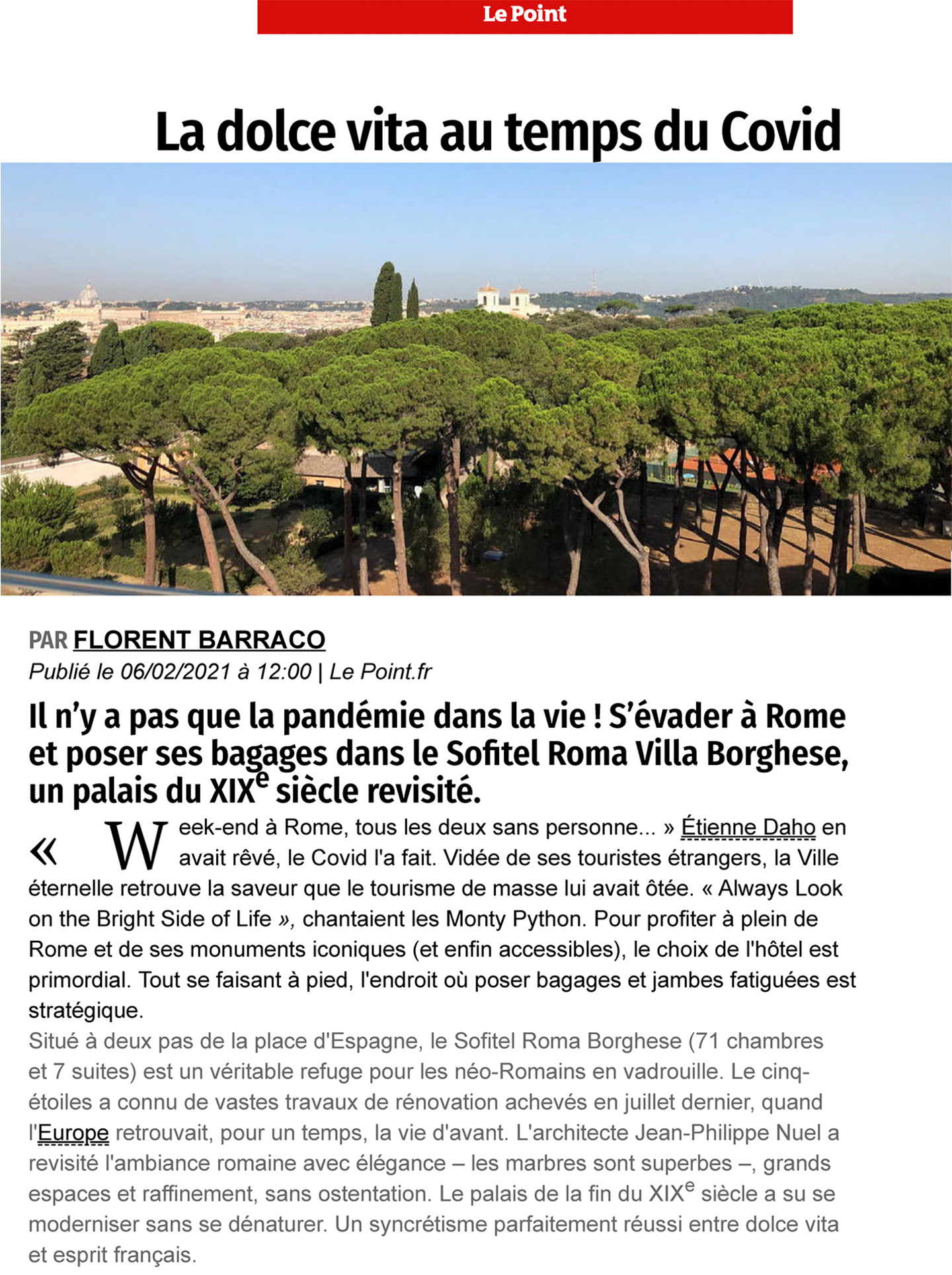 Article sur l'hôtel sofitel rome villa borghese réalisé par le studio jean-philippe nuel dans le magazine le point, presse, hotel de luxe, architecture d'intérieur, décoration d'intérieur, hotel italient