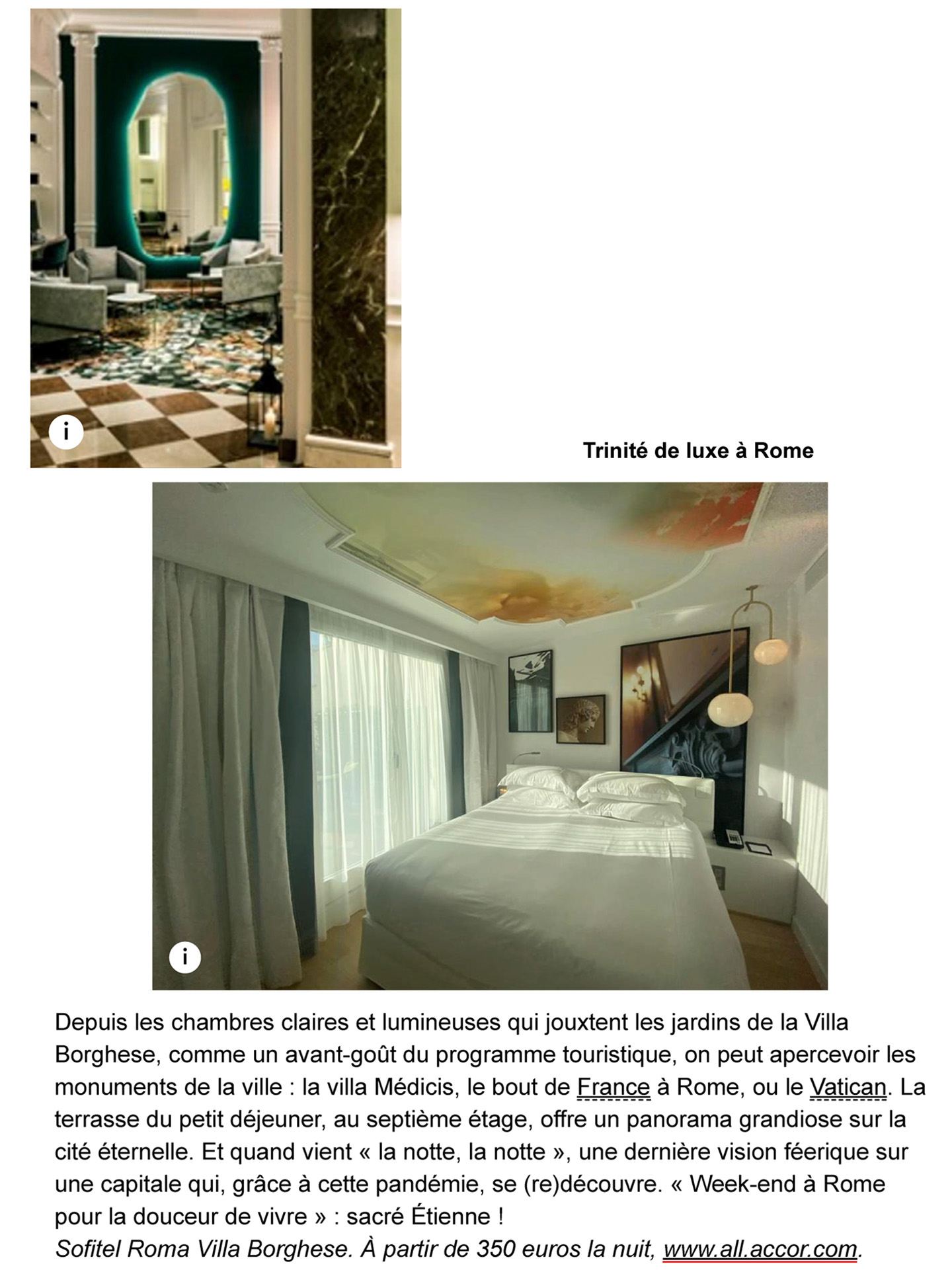 Article sur l'hôtel sofitel rome villa borghese réalisé par le studio jean-philippe nuel dans le magazine le point, presse, hotel de luxe, architecture d'intérieur, décoration d'intérieur, hotel italient