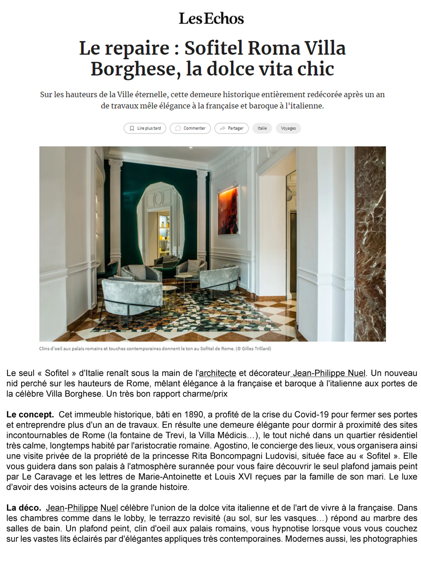 article sur le sofitel rome villa borghese dans le journal les echos, hotel de luxe en italier réalisé par le studio français jean-philippe nuel