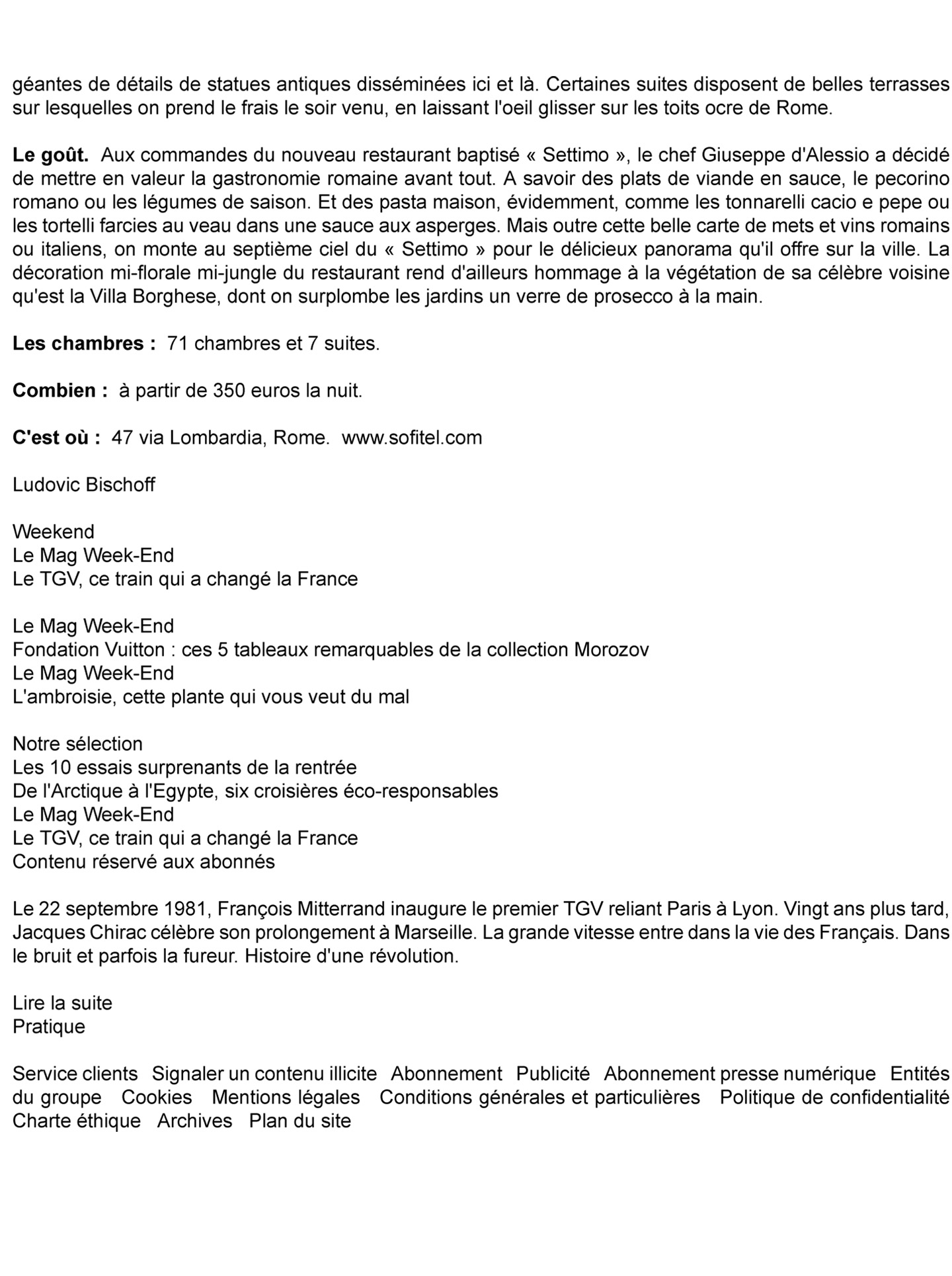 article about the sofitel rome villa borghese in the newspaper les echos, luxury hotel in italy designed by the french studio jean-philippe nuel