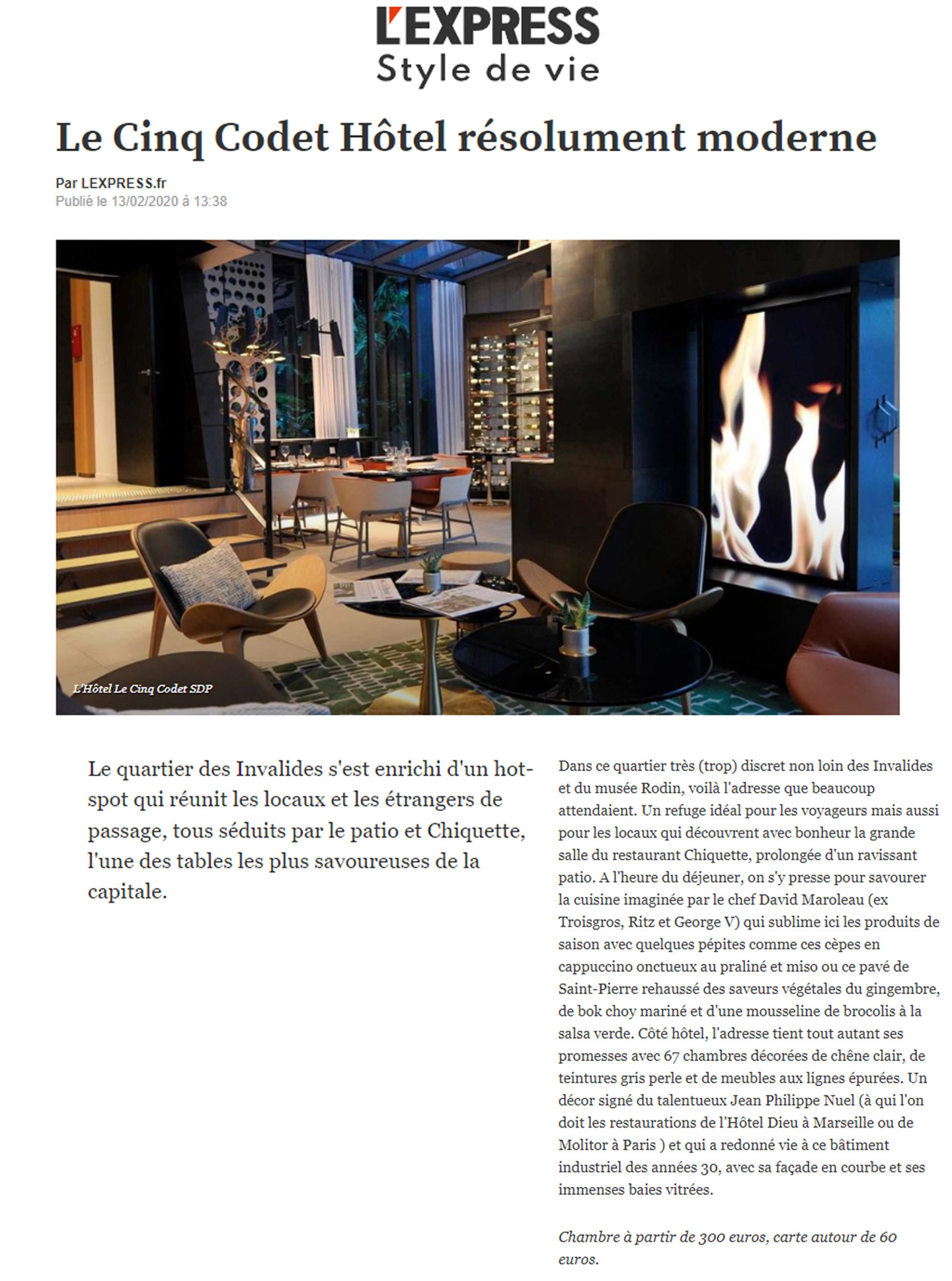 article sur l'hotel de luxe parisien le cinq codet réalisé par le studio d'architecture d'intérieur jean-philippe nuel