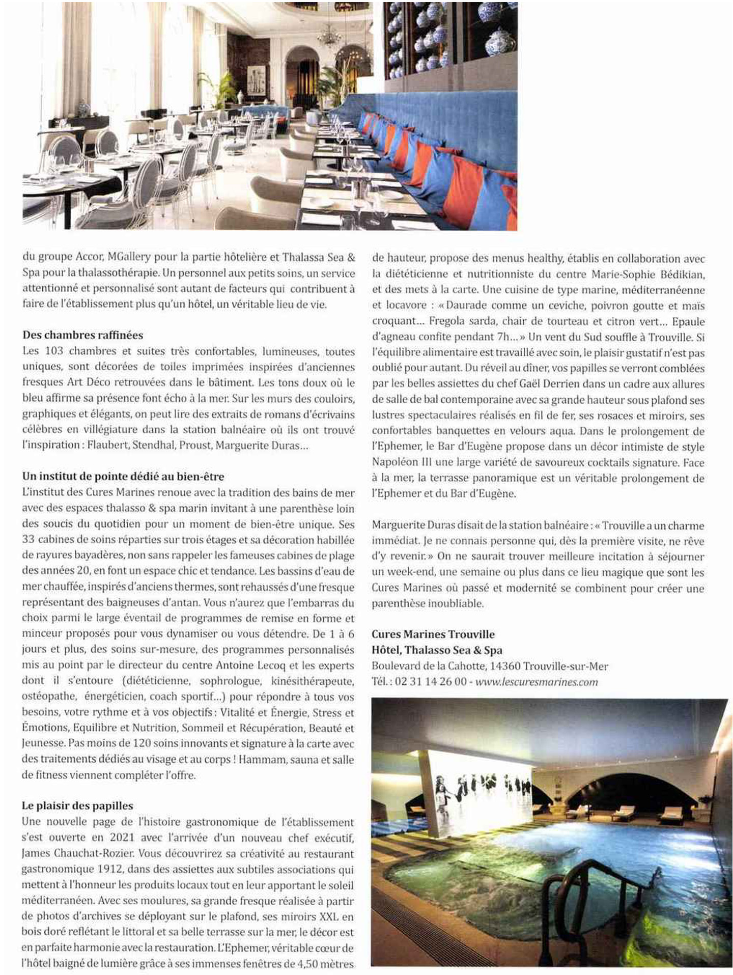 Article sur l'hôtel des Cures Marines de Trouville réalisé par le studio jean-Philippe Nuel dans le magazine Masterchef, nouvel hotel, architecture d'intérieur de luxe, hotel thalasso et spa,, hotel de luxe français